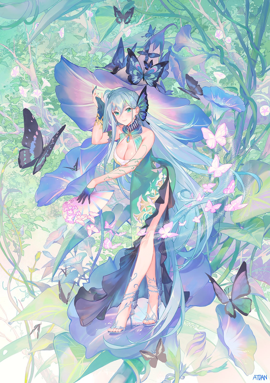 Anime girl with blue hair and butterfly wings in a garden HD Phone Wallpaper
