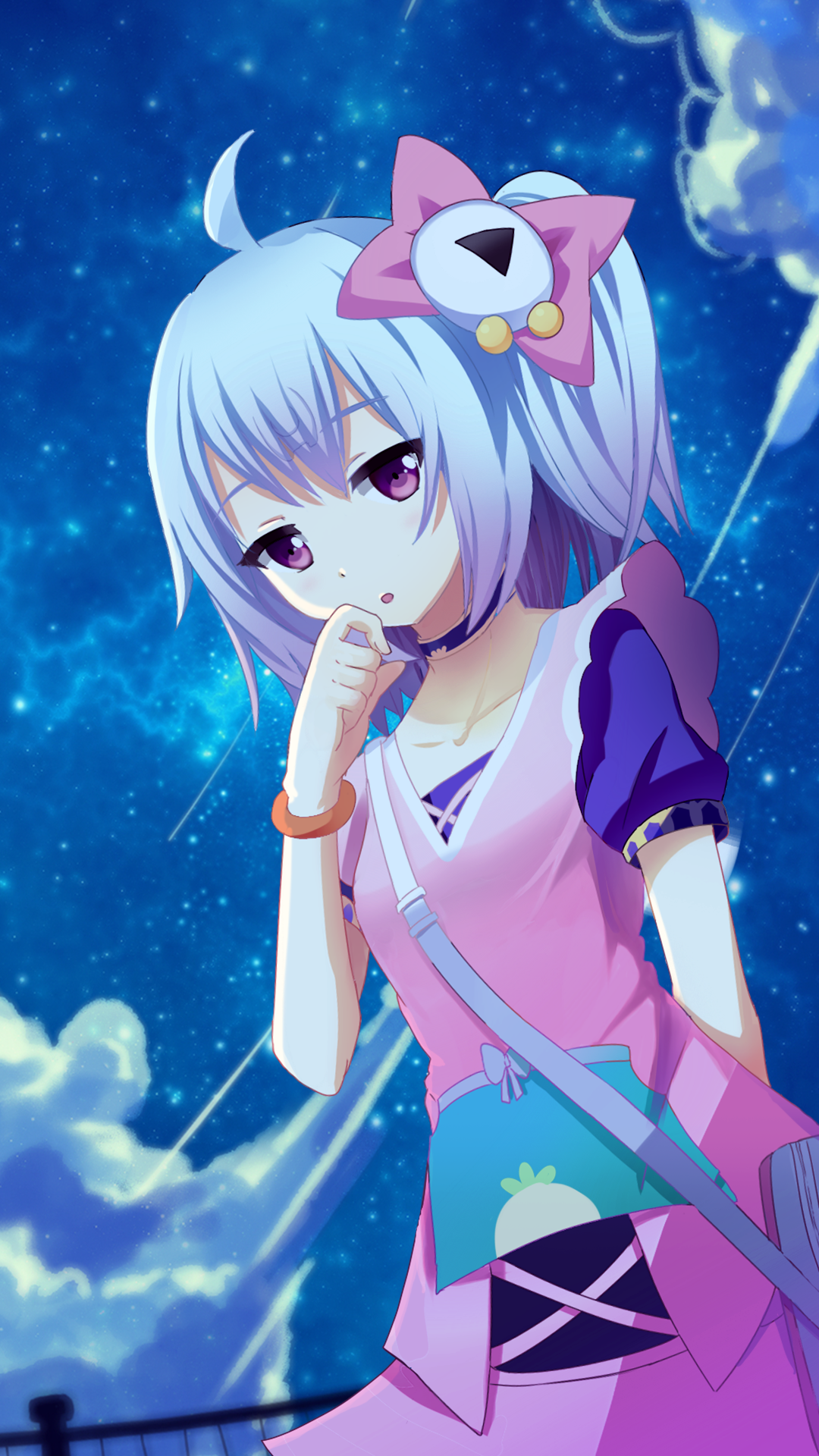 Anime girl with purple eyes and pink bow HD Phone Wallpaper