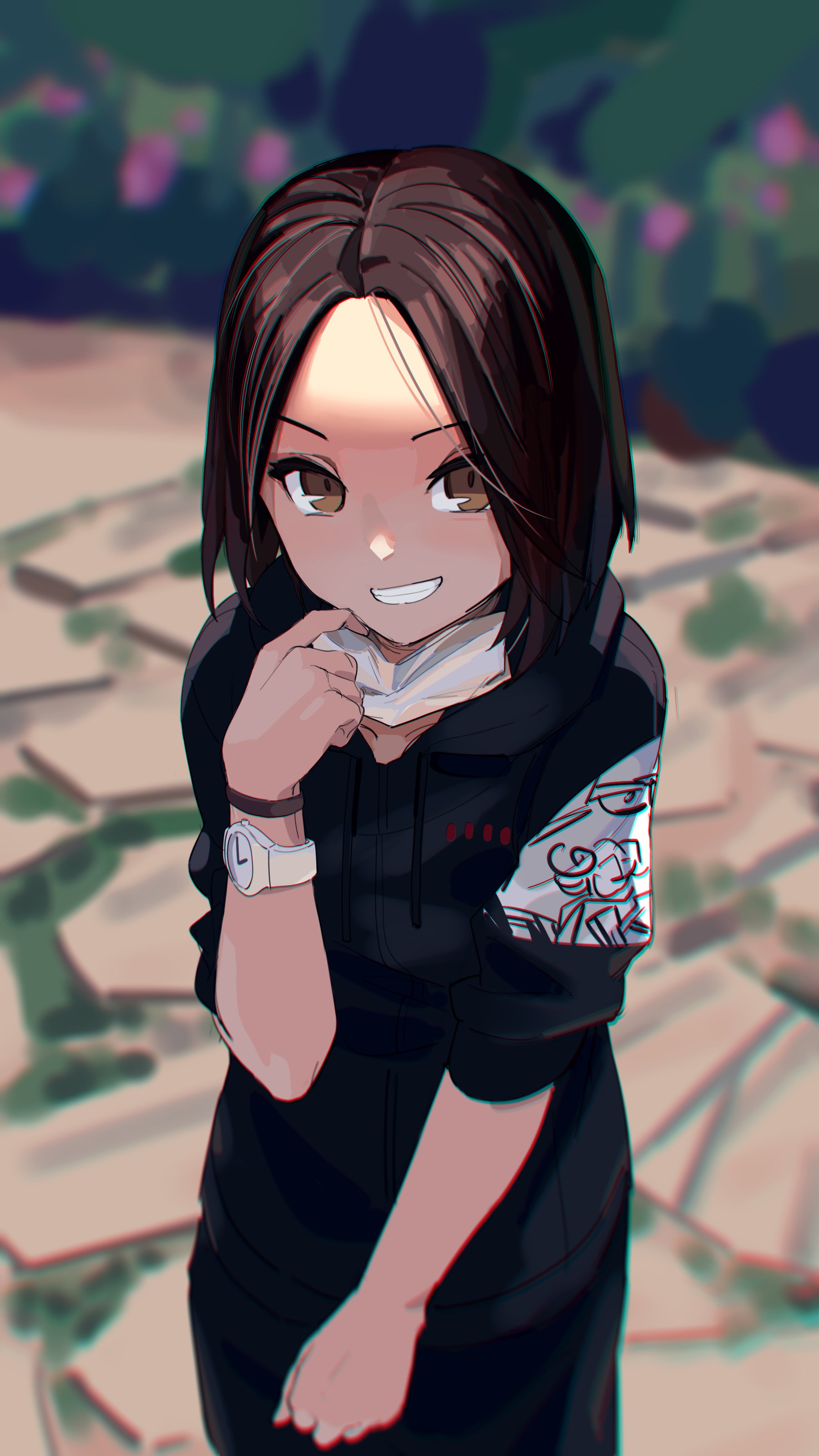 Anime girl with brown hair and hoodie HD Phone Wallpaper
