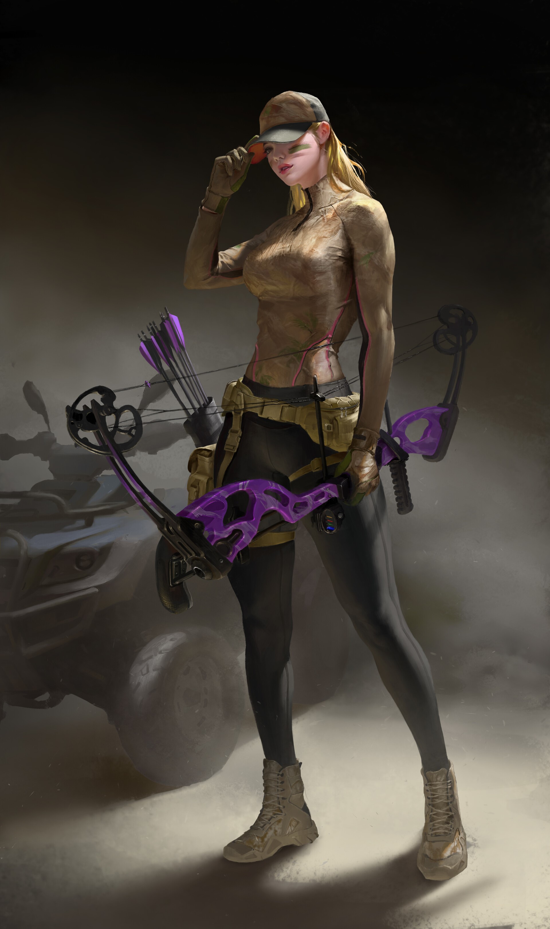 Woman with bow and arrows and ATV HD Phone Wallpaper