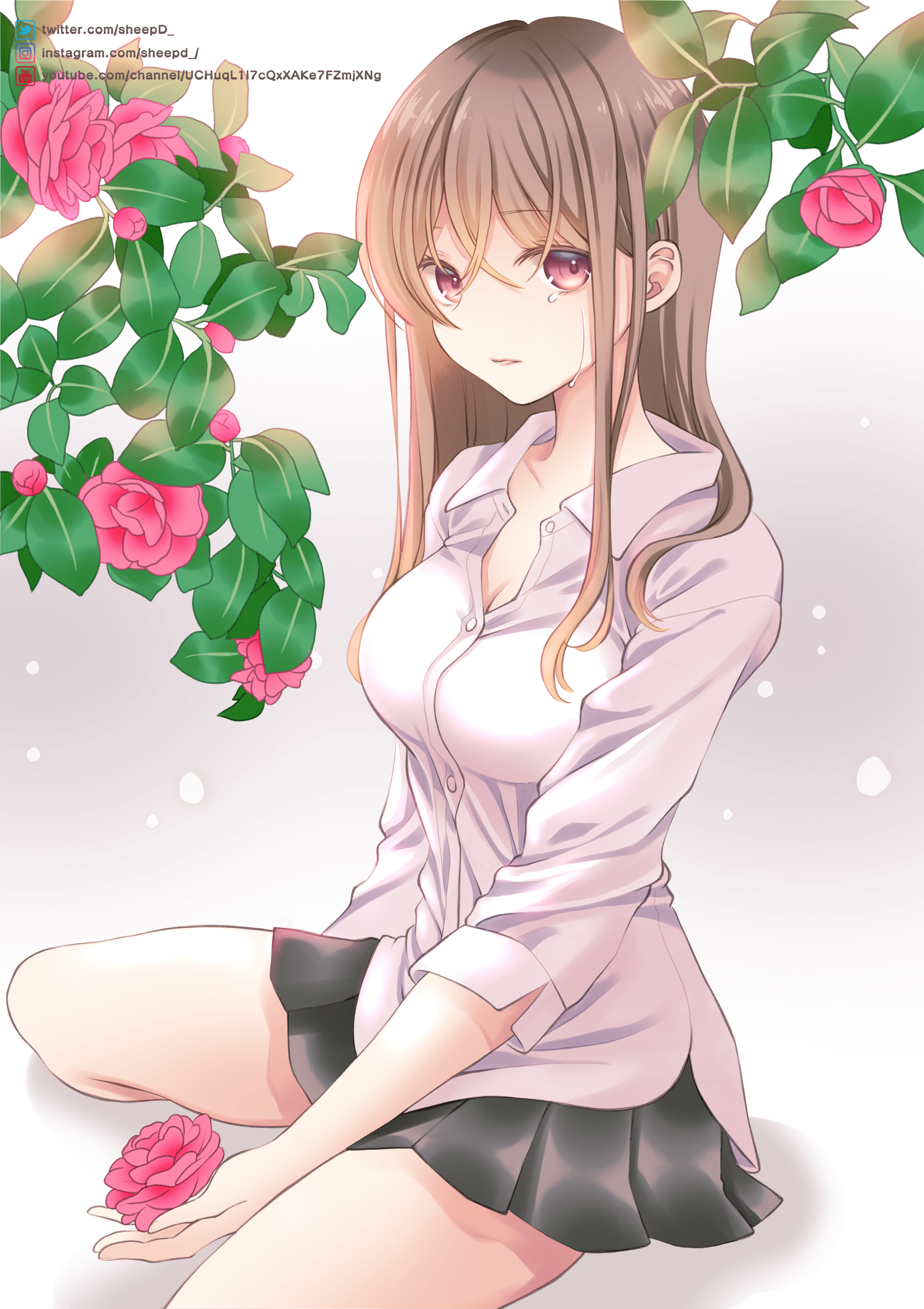 Anime girl with camellias by Sheepd HD Phone Wallpaper