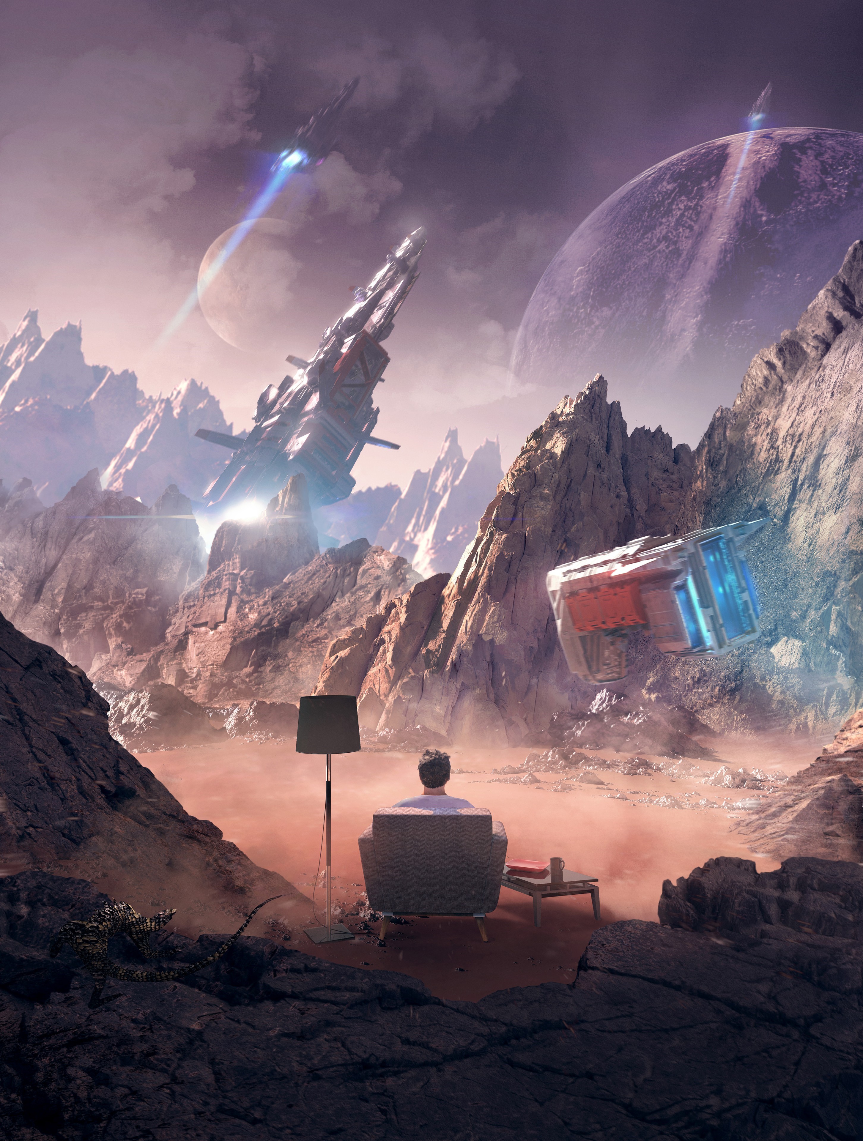 Man watching spaceships on an alien planet HD Phone Wallpaper