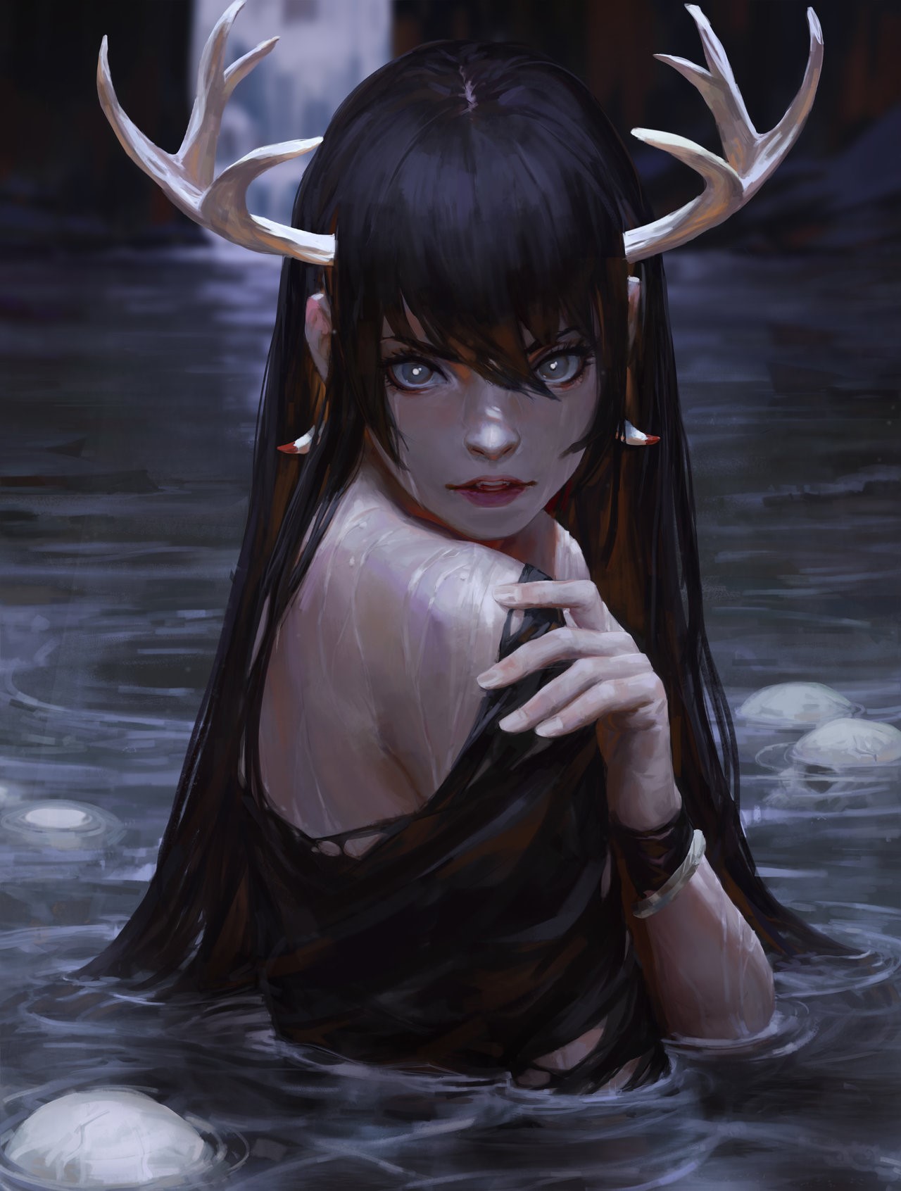 Woman with antlers in water HD Phone Wallpaper
