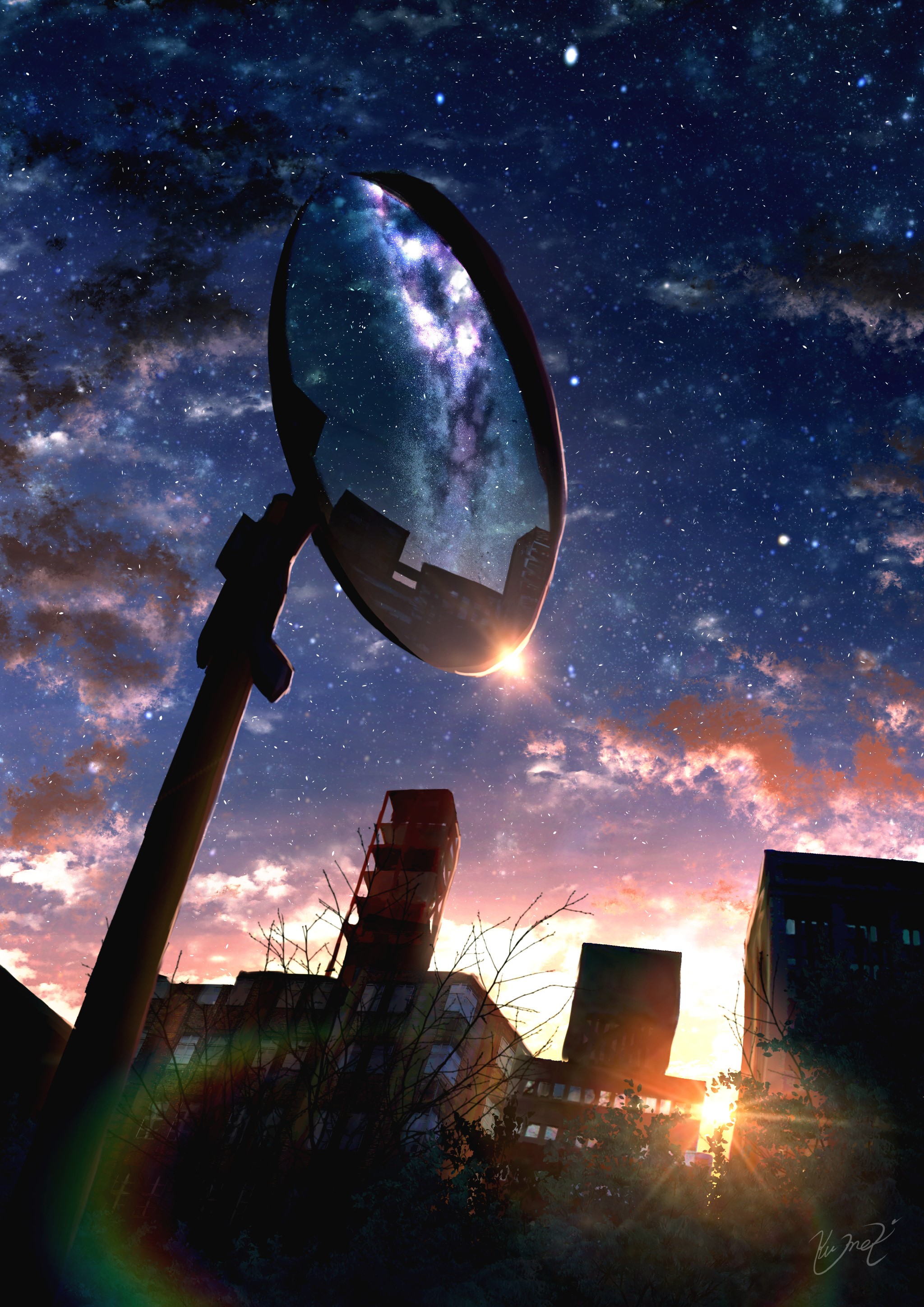 Anime city skyline with starry night sky reflection HD Phone Wallpaper