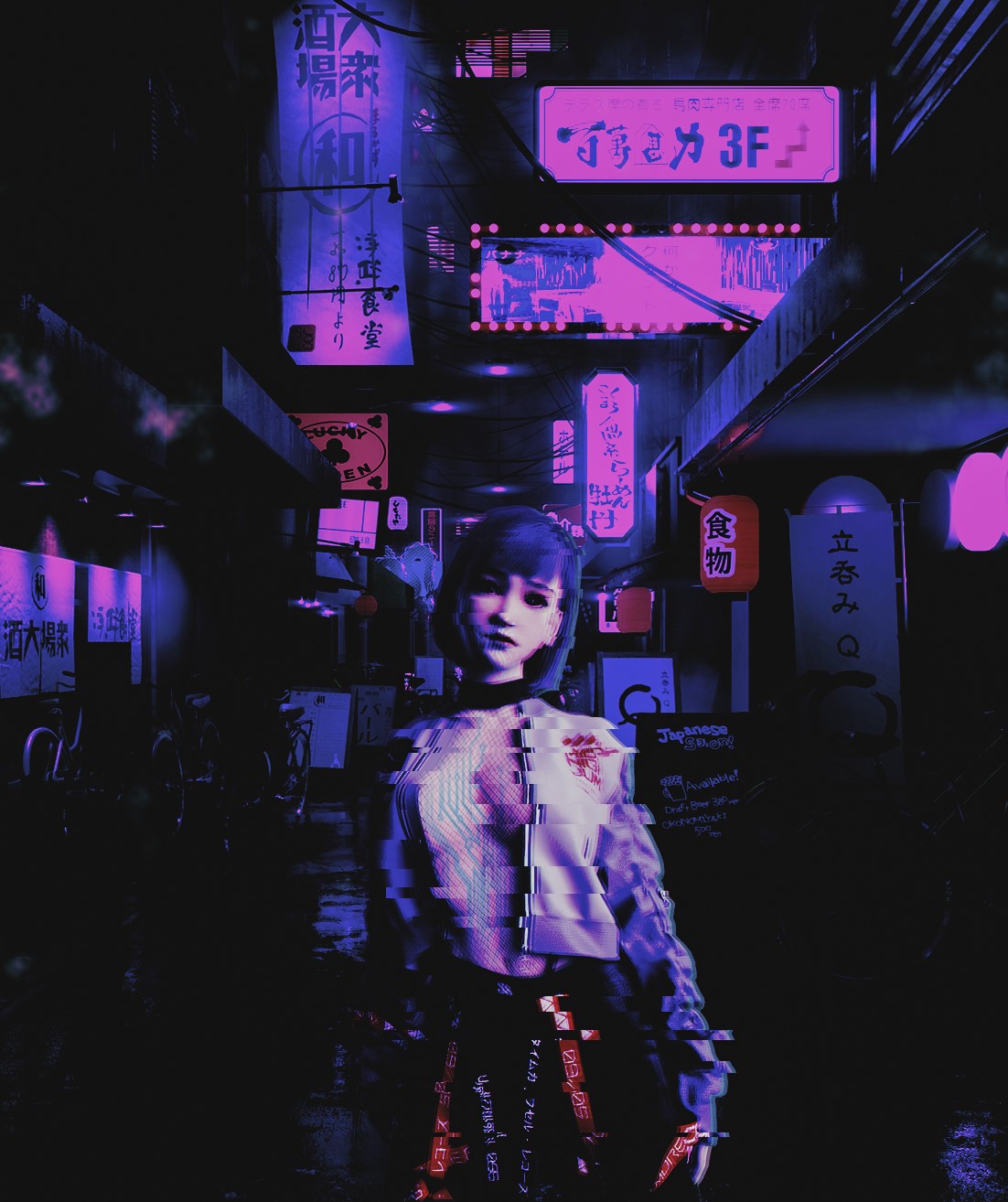 Woman in a neon-lit Japanese alleyway HD Phone Wallpaper