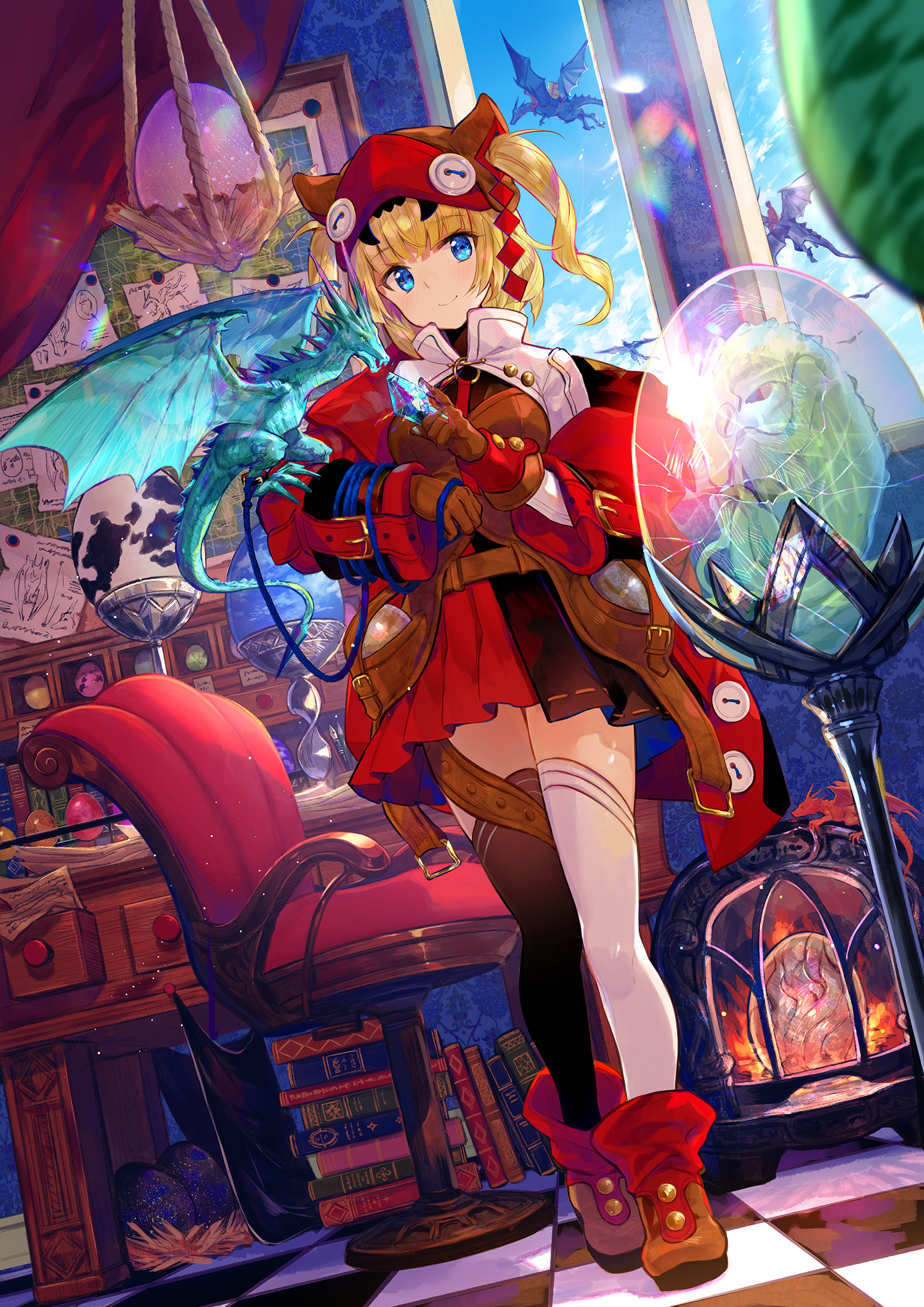 Anime girl with dragon in a study HD Phone Wallpaper