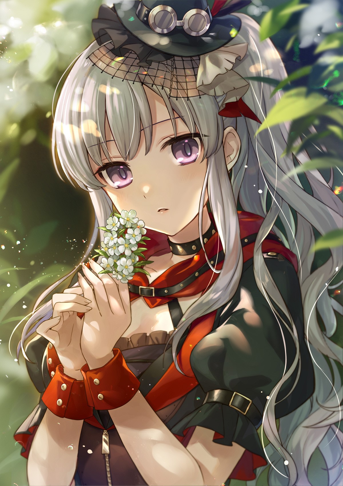 Anime girl with white hair and purple eyes holding flowers HD Phone Wallpaper