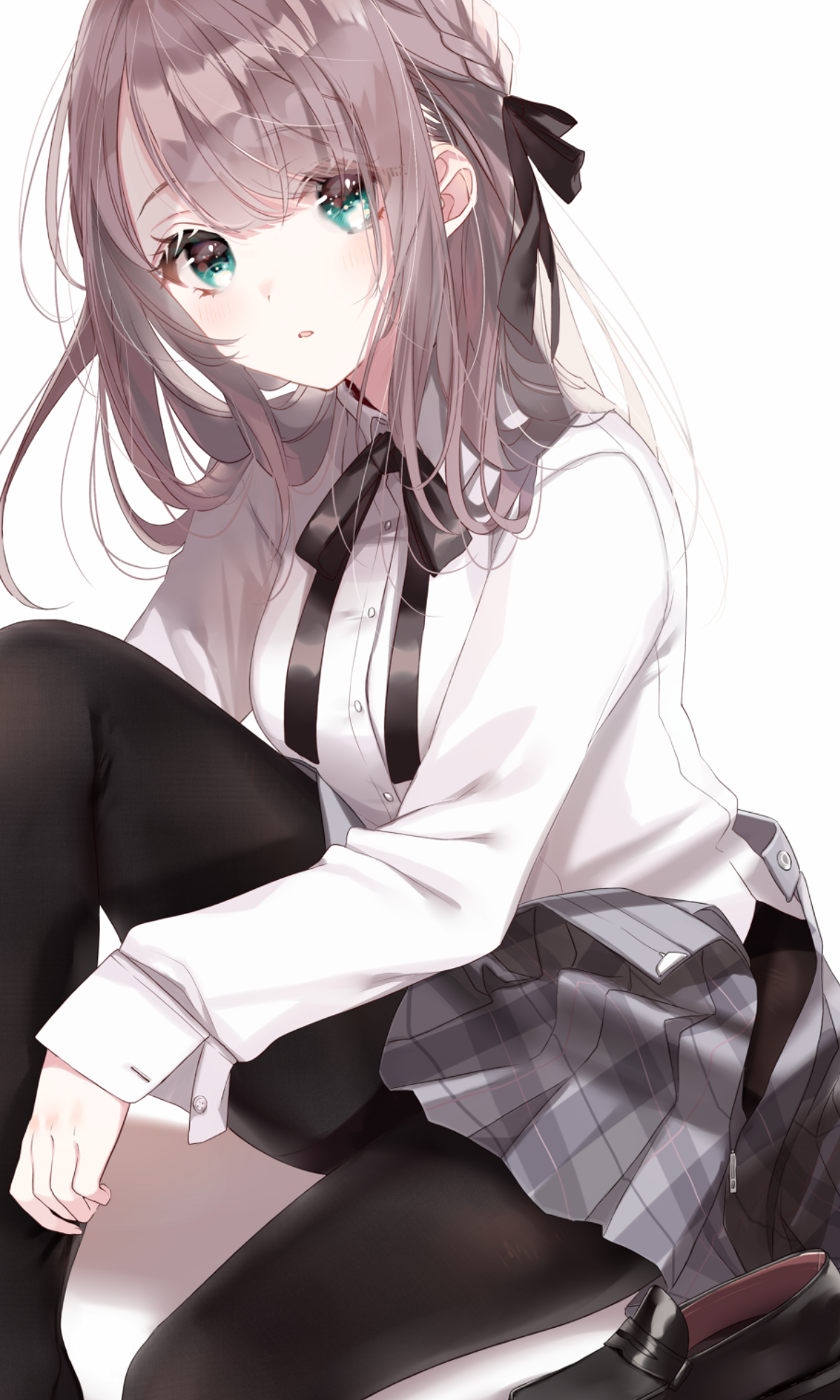 Anime girl with green eyes and black ribbon HD Phone Wallpaper