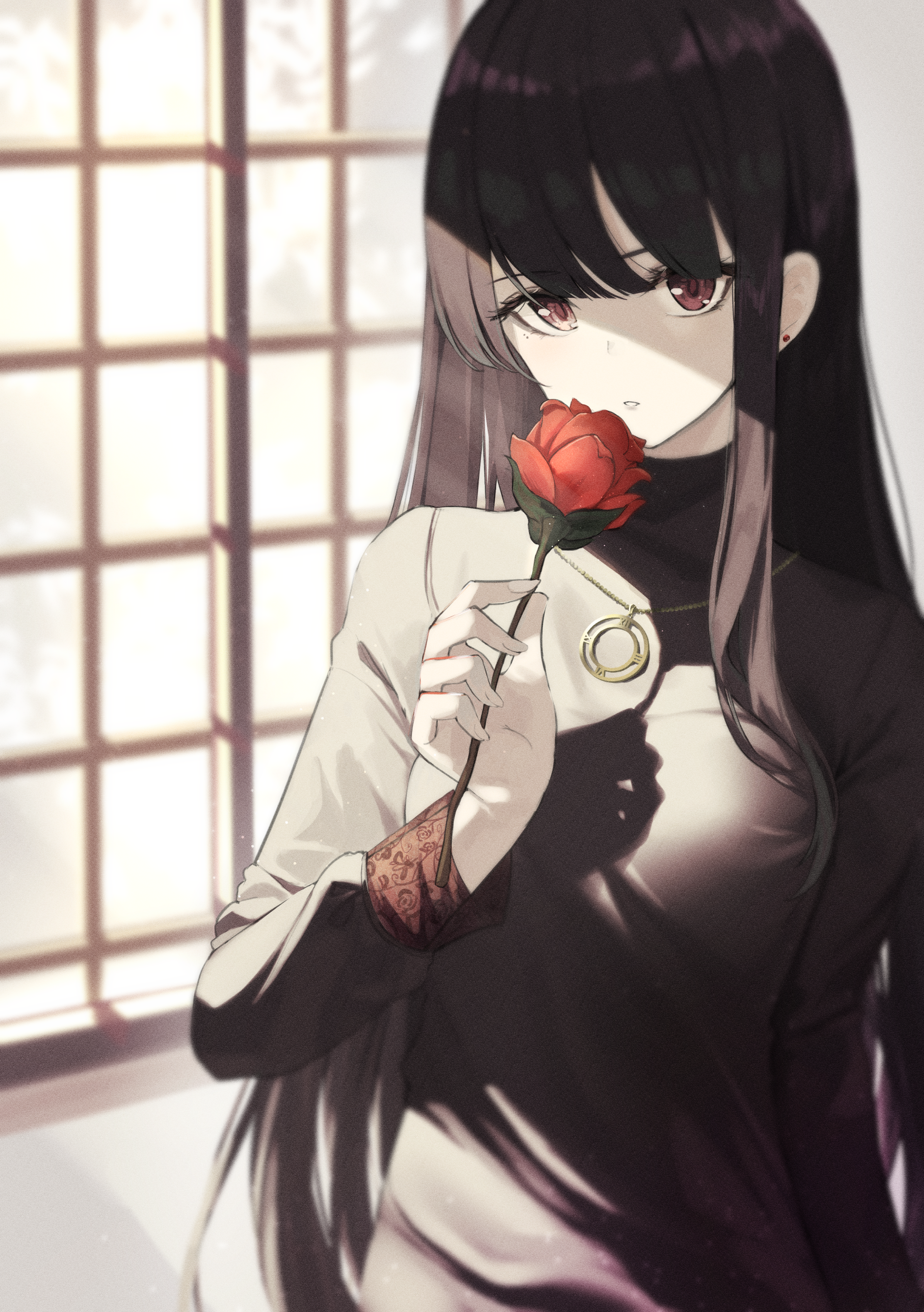 Anime girl with dark hair holding a red rose HD Phone Wallpaper