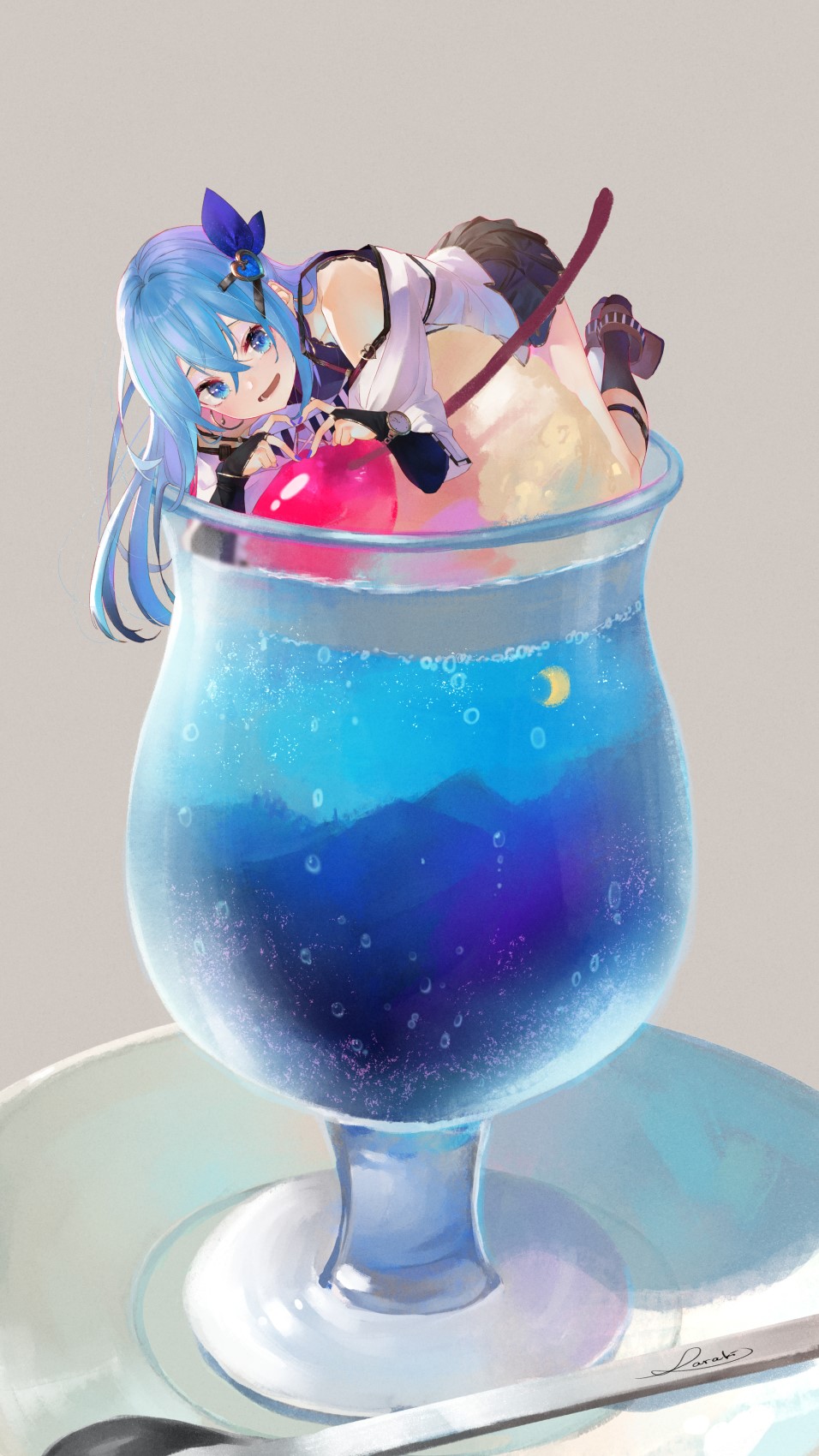 Anime girl with blue hair in a glass of blue drink HD Phone Wallpaper