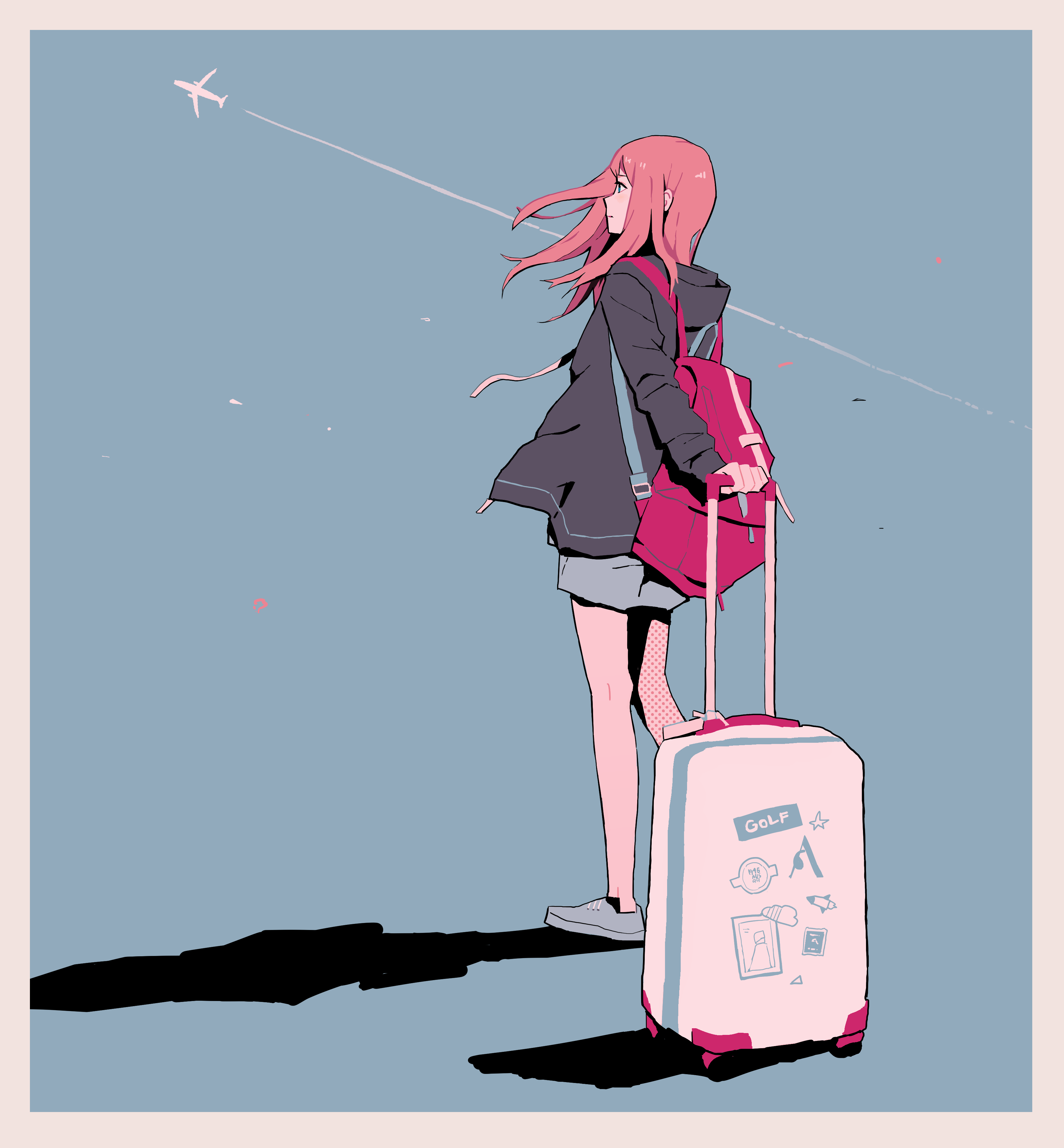 Anime girl with pink hair and suitcase looking at airplane HD Phone Wallpaper