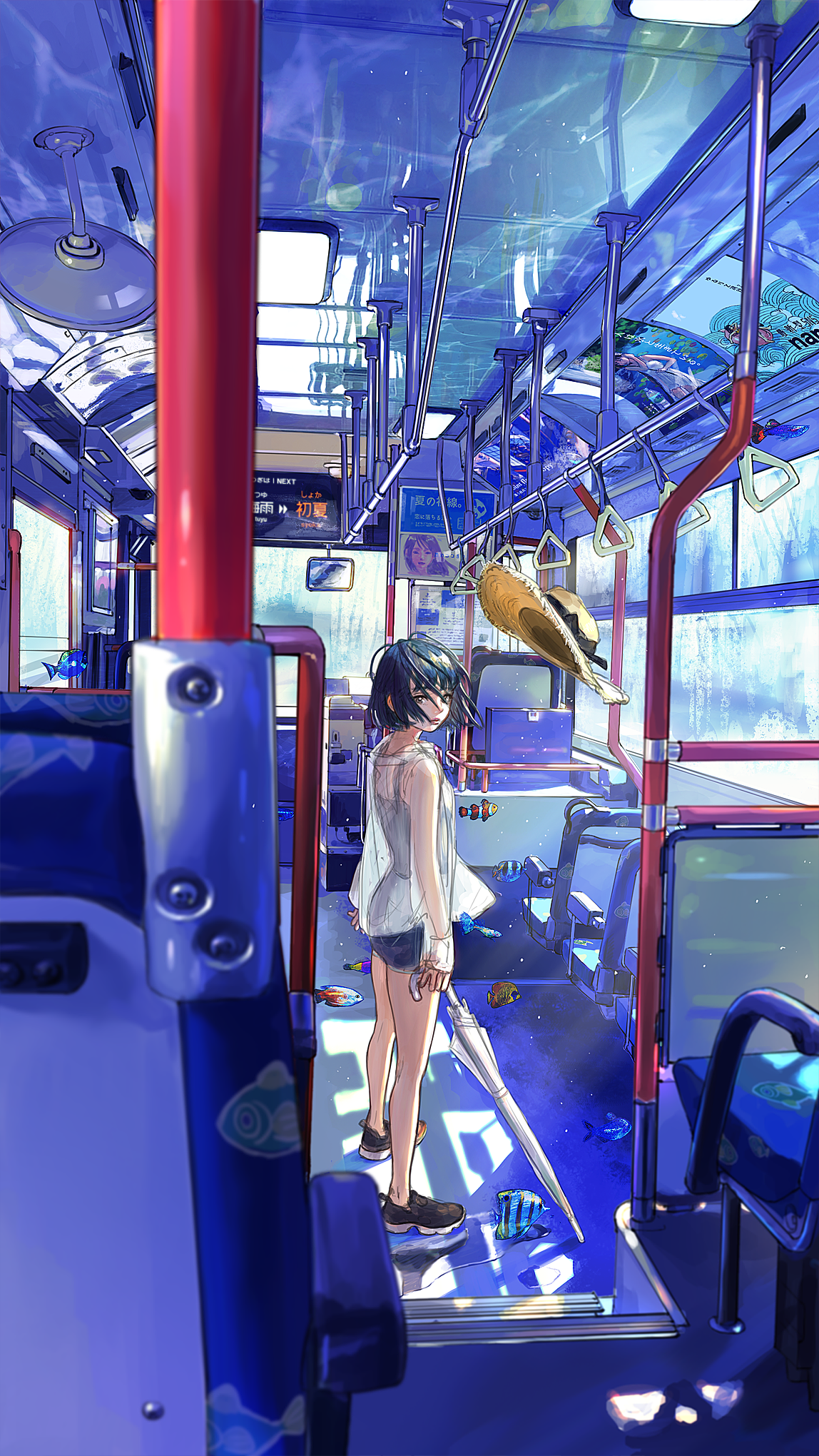 Anime girl on a bus with fish and birds HD Phone Wallpaper