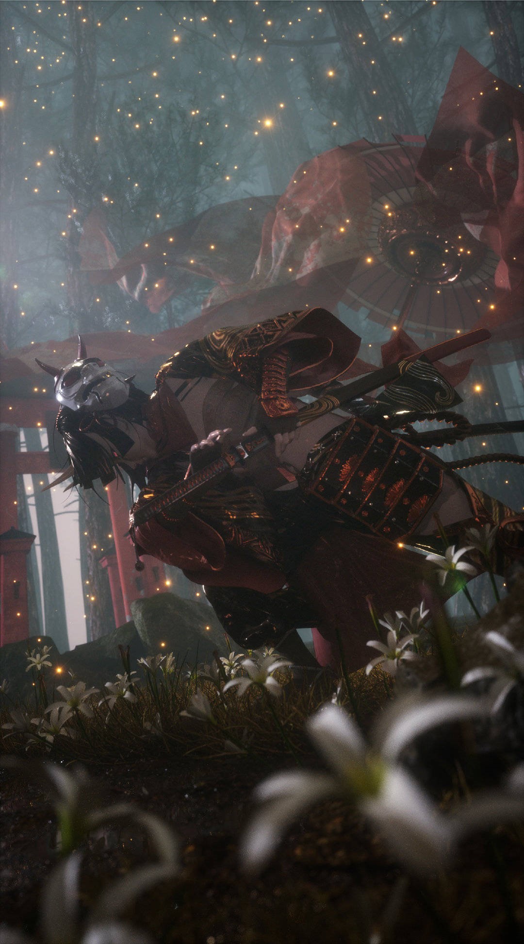 Samurai warrior in a mystical forest with flowers HD Phone Wallpaper