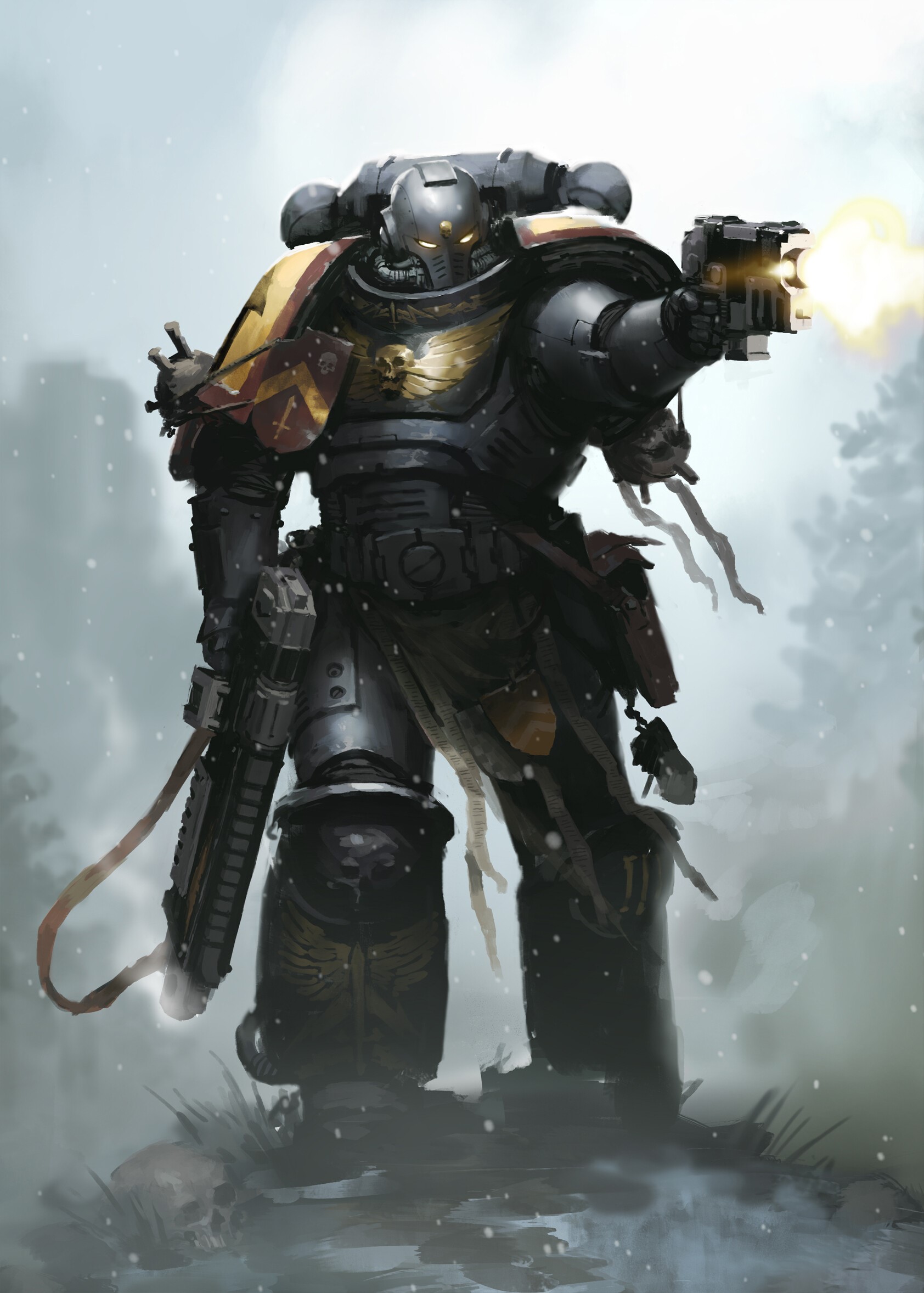 Space Marine from Warhammer 40,000 firing a pistol HD Phone Wallpaper
