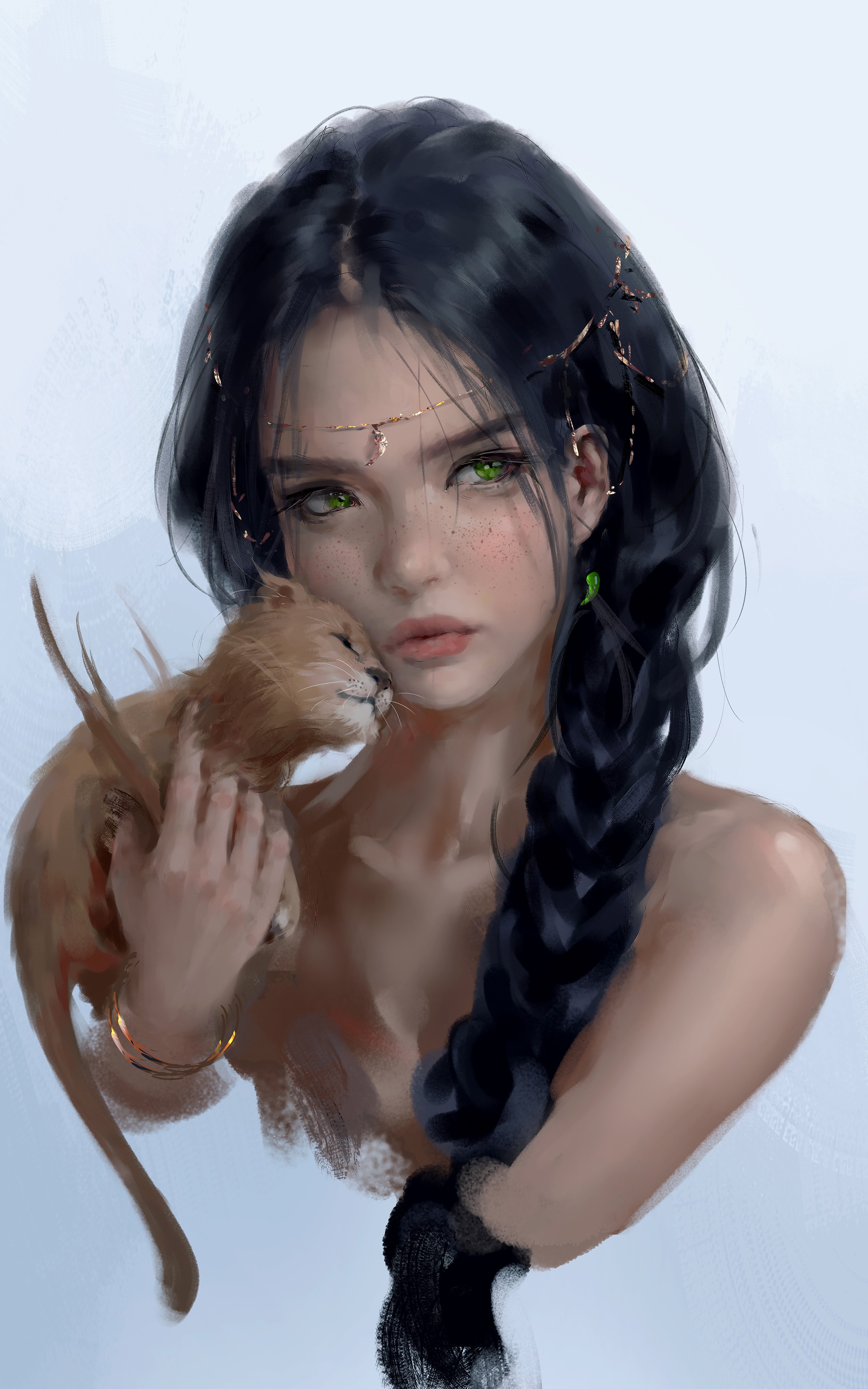 Artwork of a woman with braided hair holding a kitten HD Phone Wallpaper