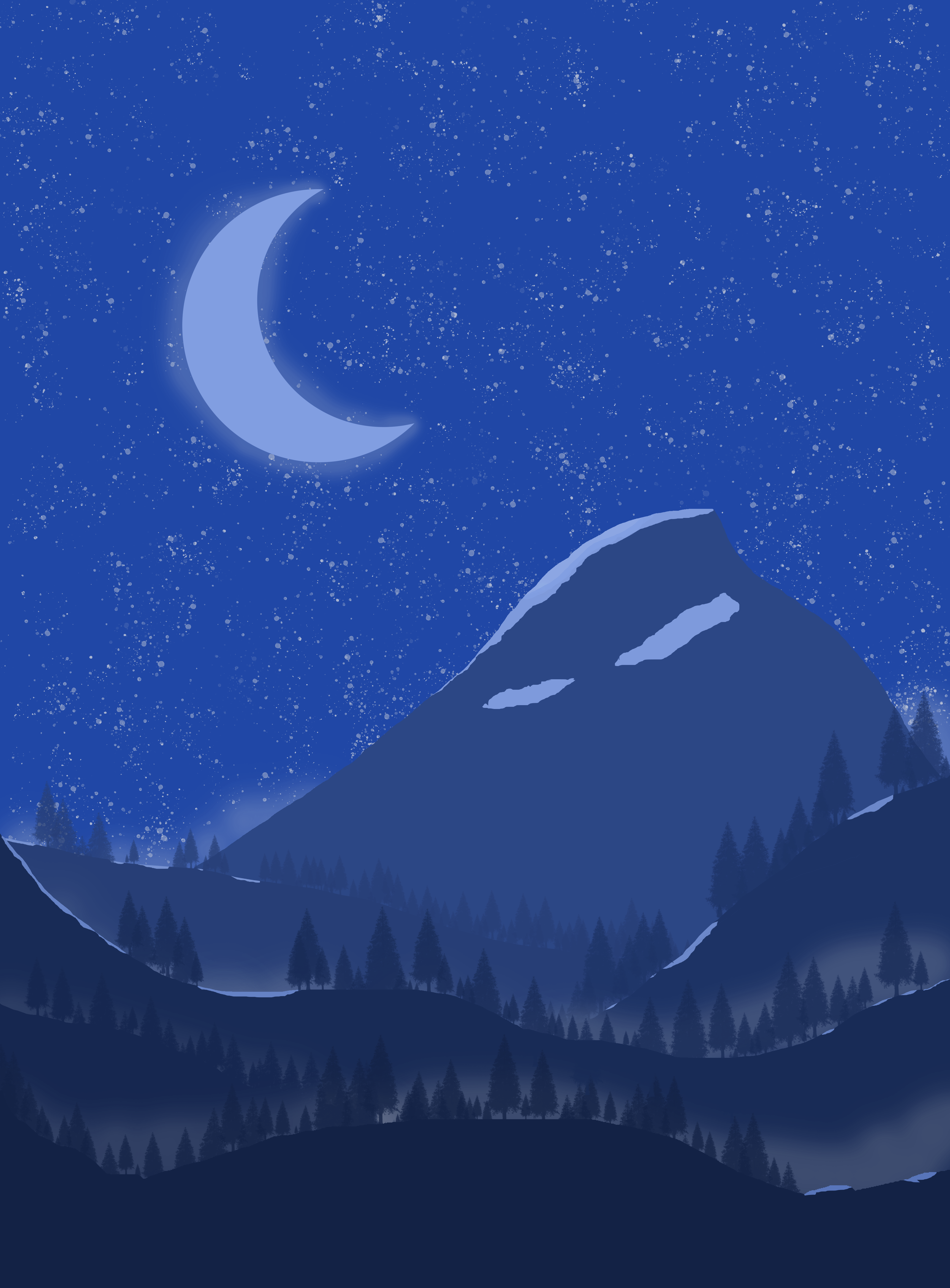 Digital art landscape of a moonlit mountain at night HD Phone Wallpaper