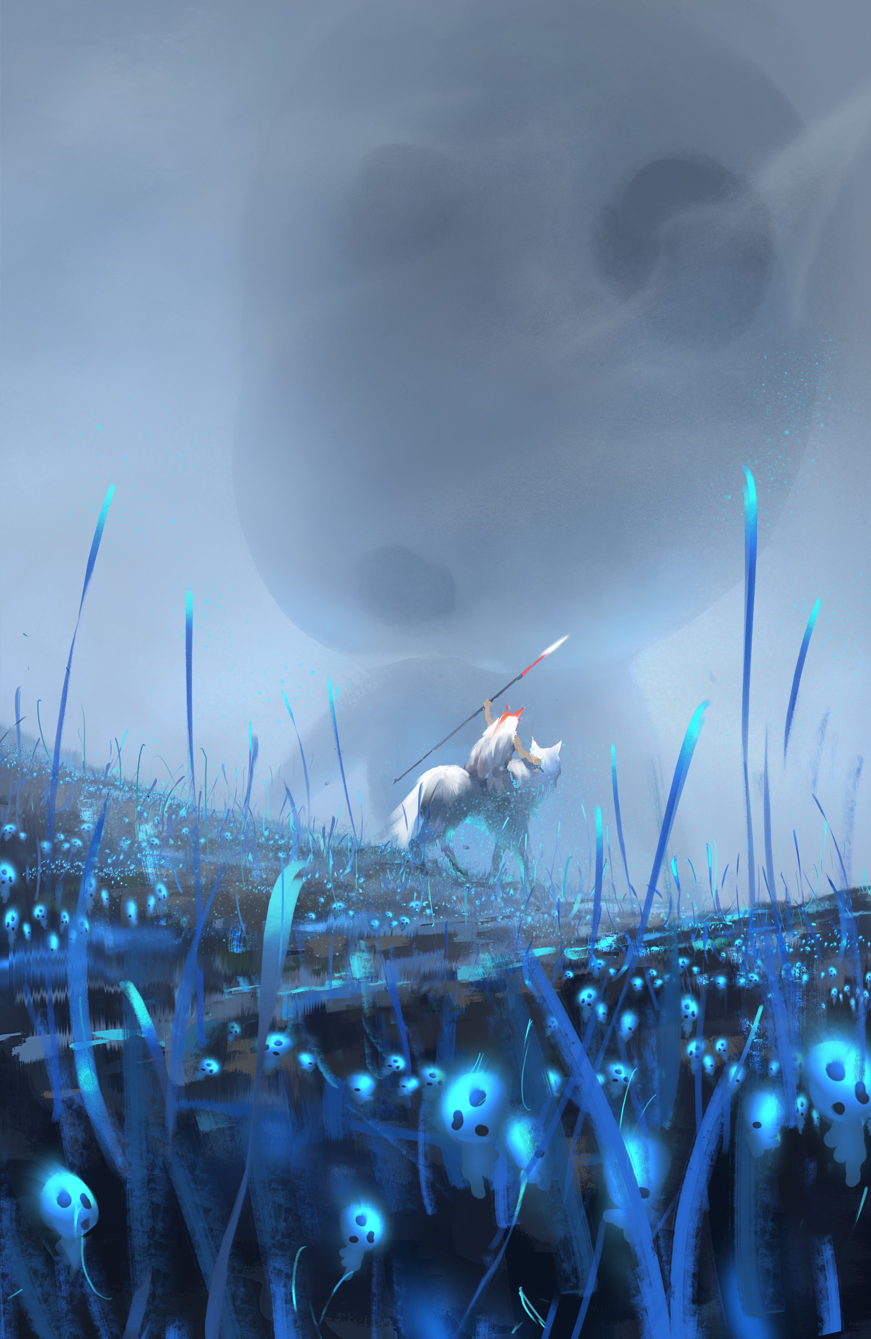 Anime girl riding a wolf with giant figures in the background HD Phone Wallpaper