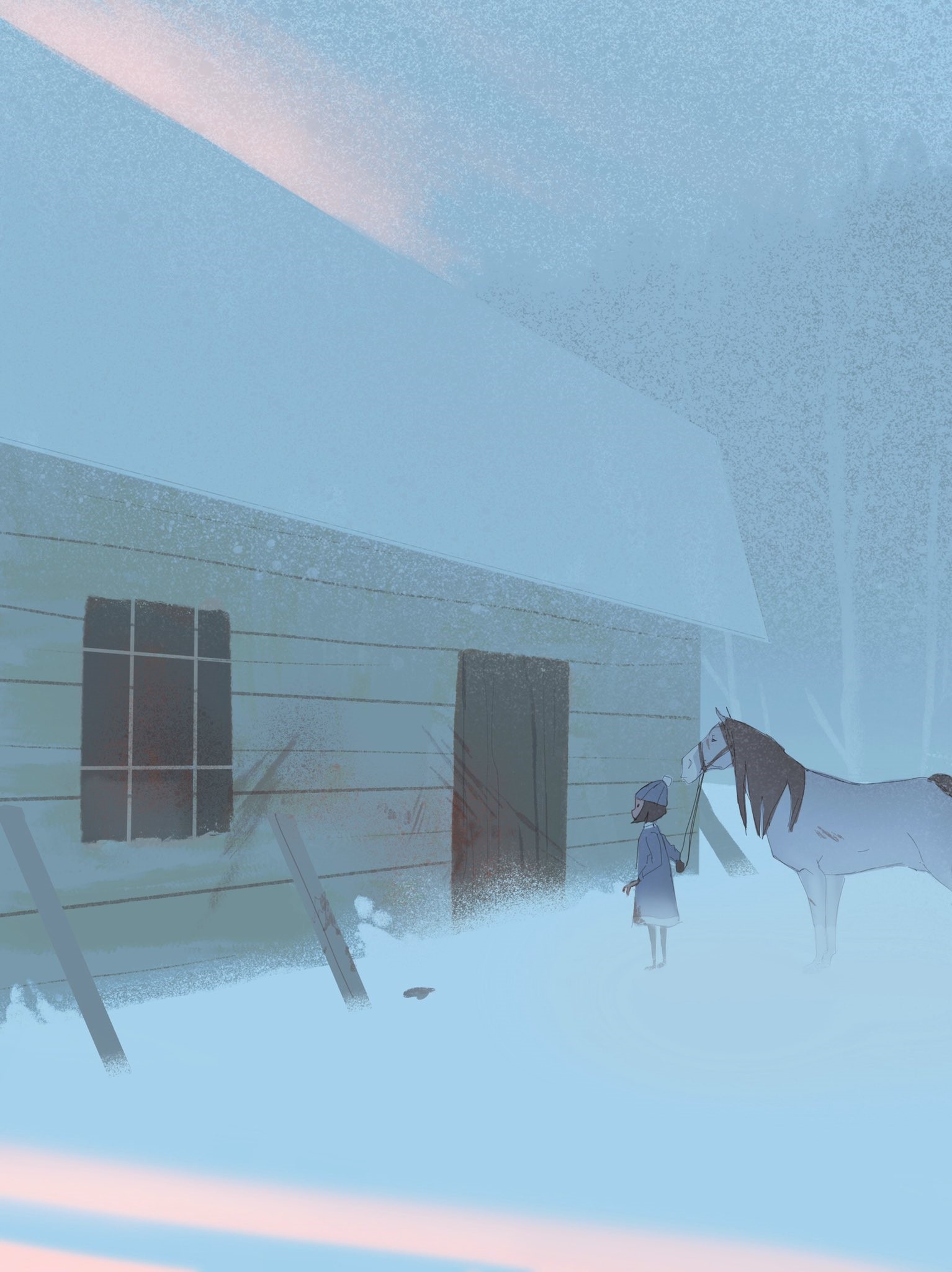 Girl and horse in a snowy landscape near a house HD Phone Wallpaper