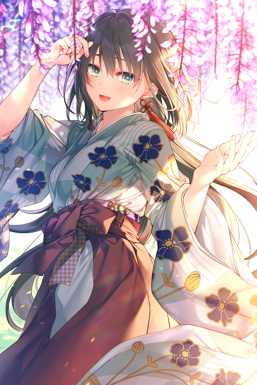 Anime girl in Japanese clothes under wisteria HD Phone Wallpaper