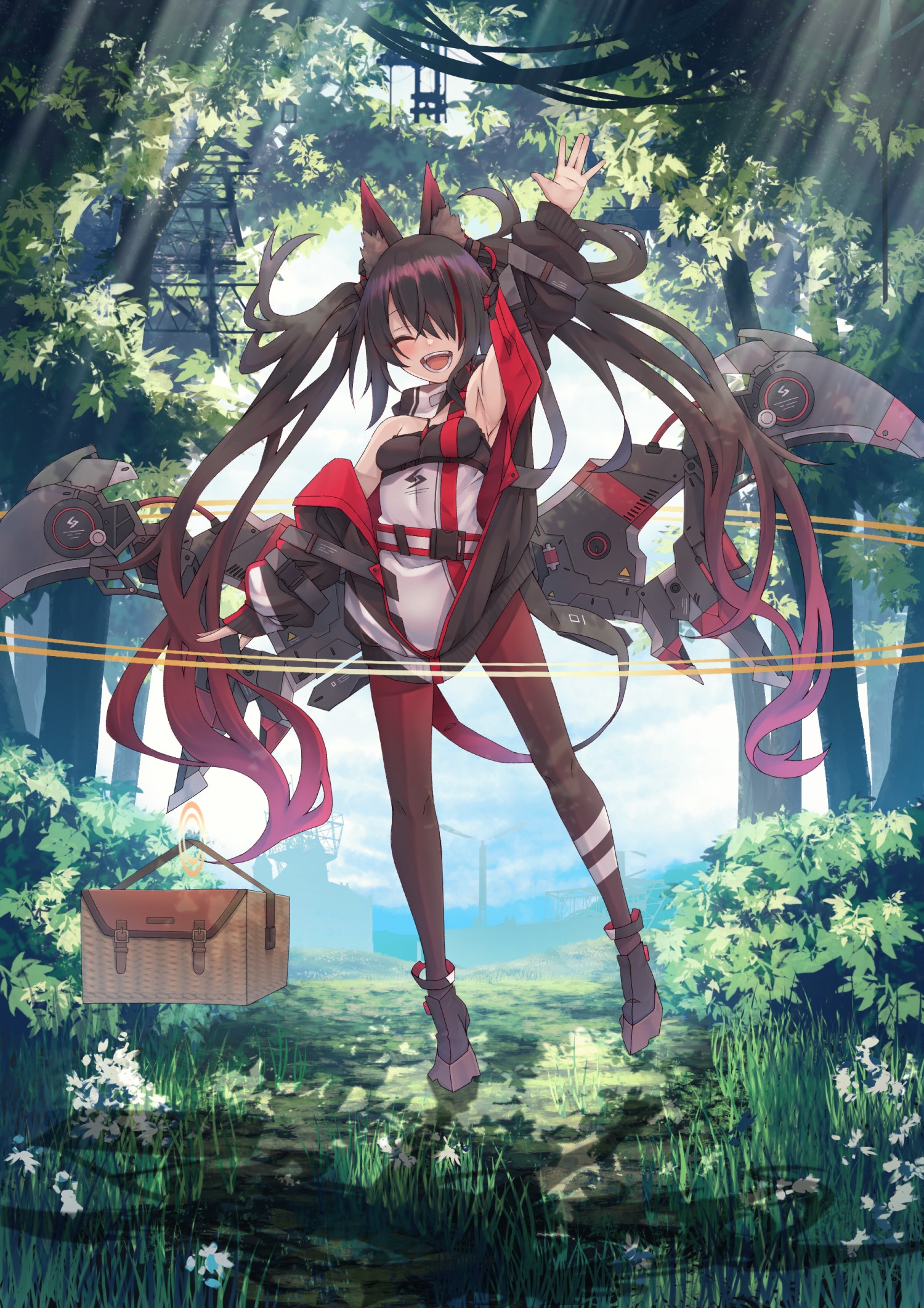 Anime girl with animal ears and twintails in a forest HD Phone Wallpaper
