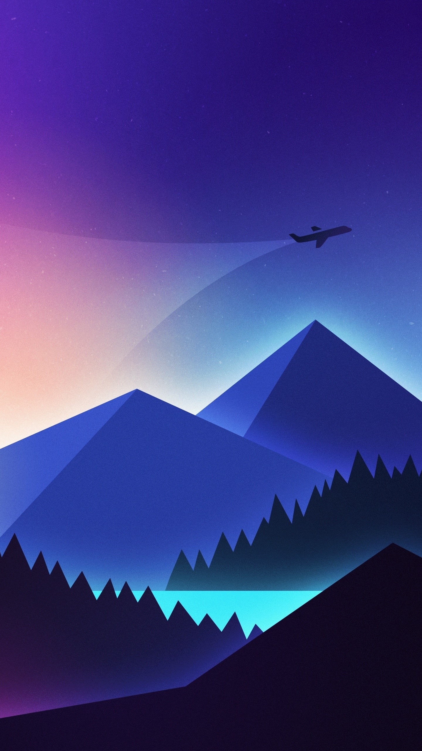 Minimalist digital art of airplane flying over mountains at dusk HD Phone Wallpaper