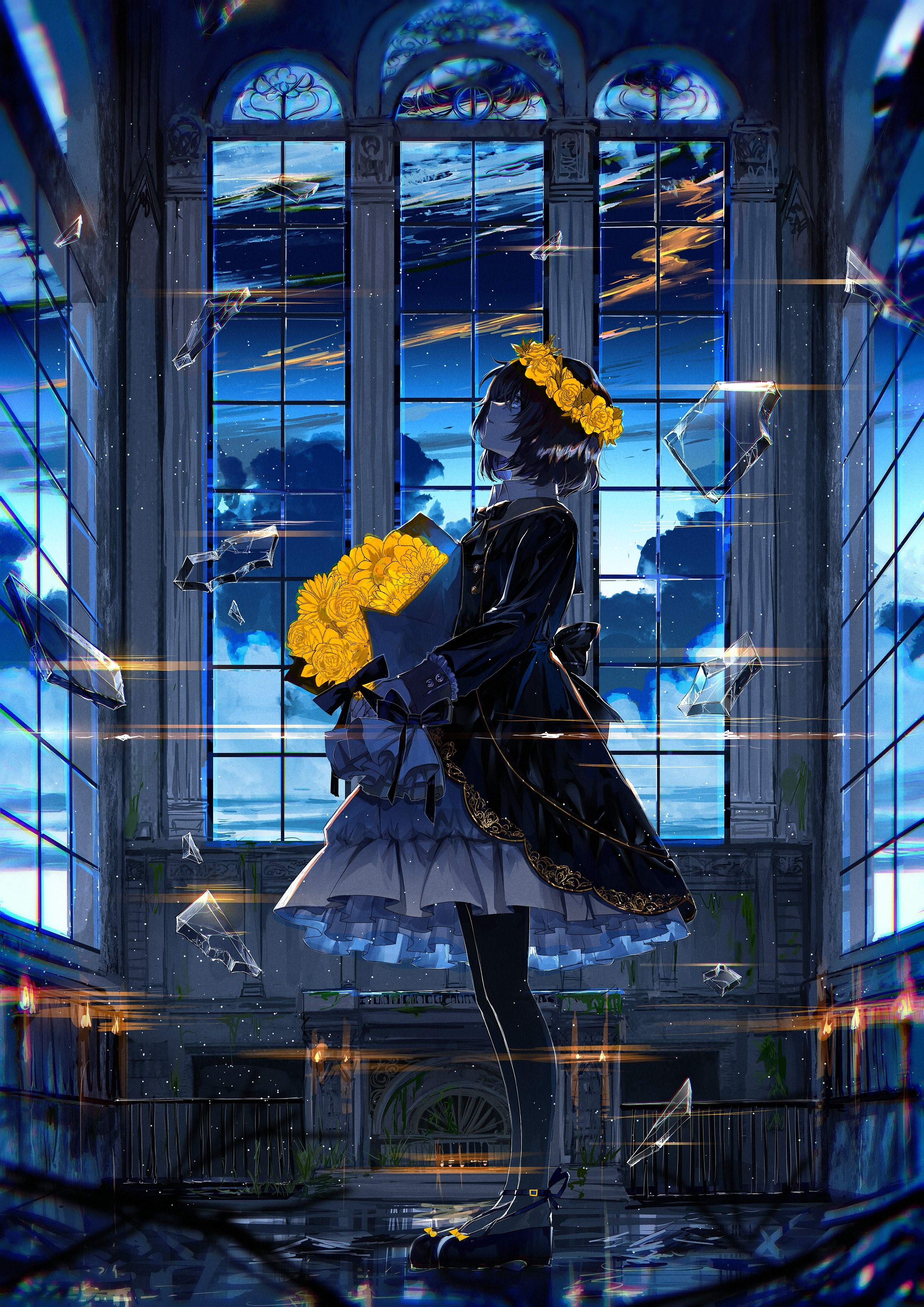 Anime girl with yellow flowers in a ruined cathedral HD Phone Wallpaper