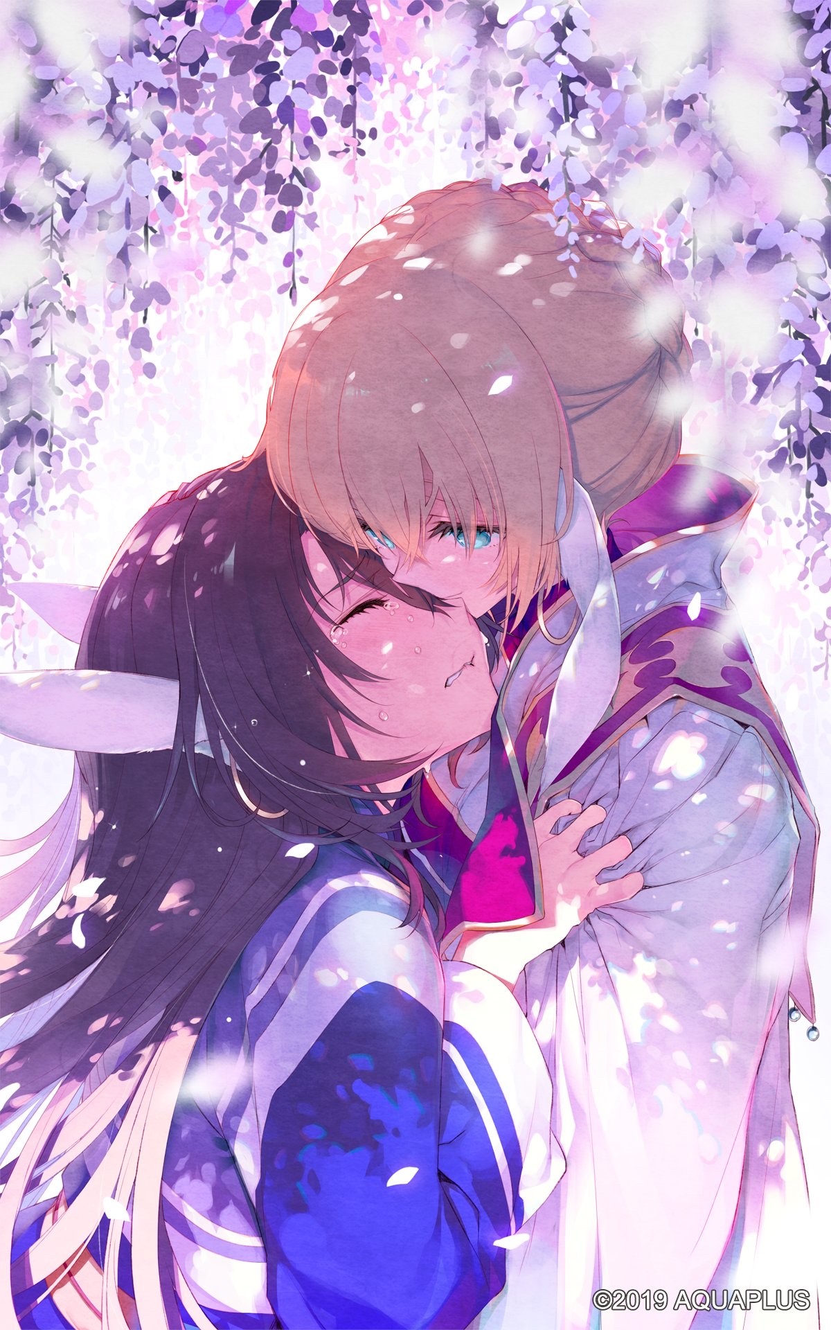 Two anime girls embracing under wisteria HD Phone Wallpaper