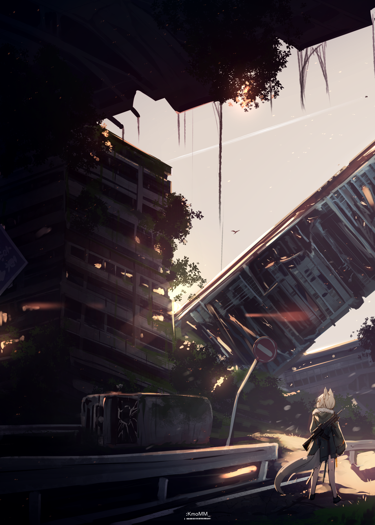 Anime girl with rifle in apocalyptic city HD Phone Wallpaper