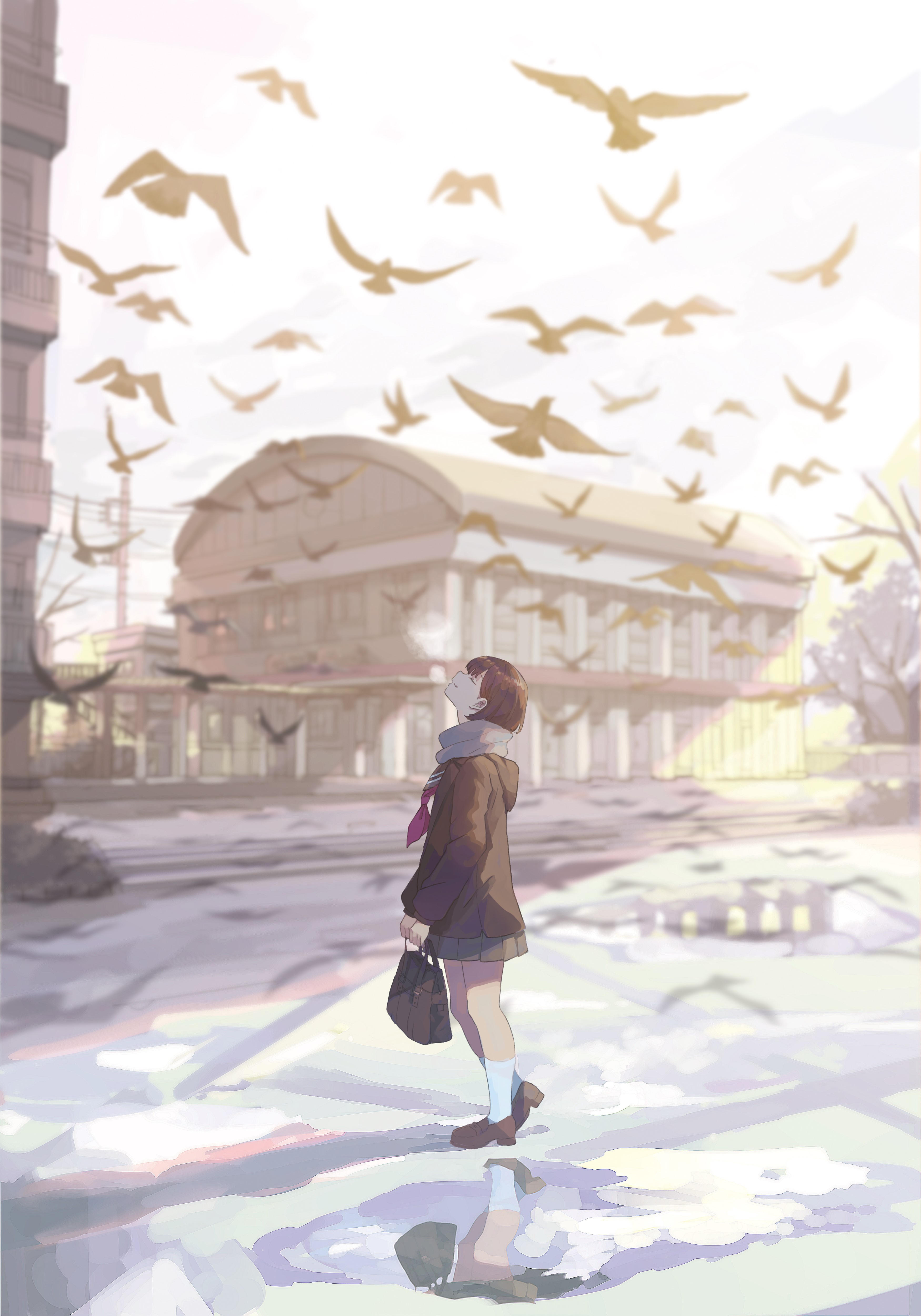 Anime girl in school uniform looking at birds HD Phone Wallpaper