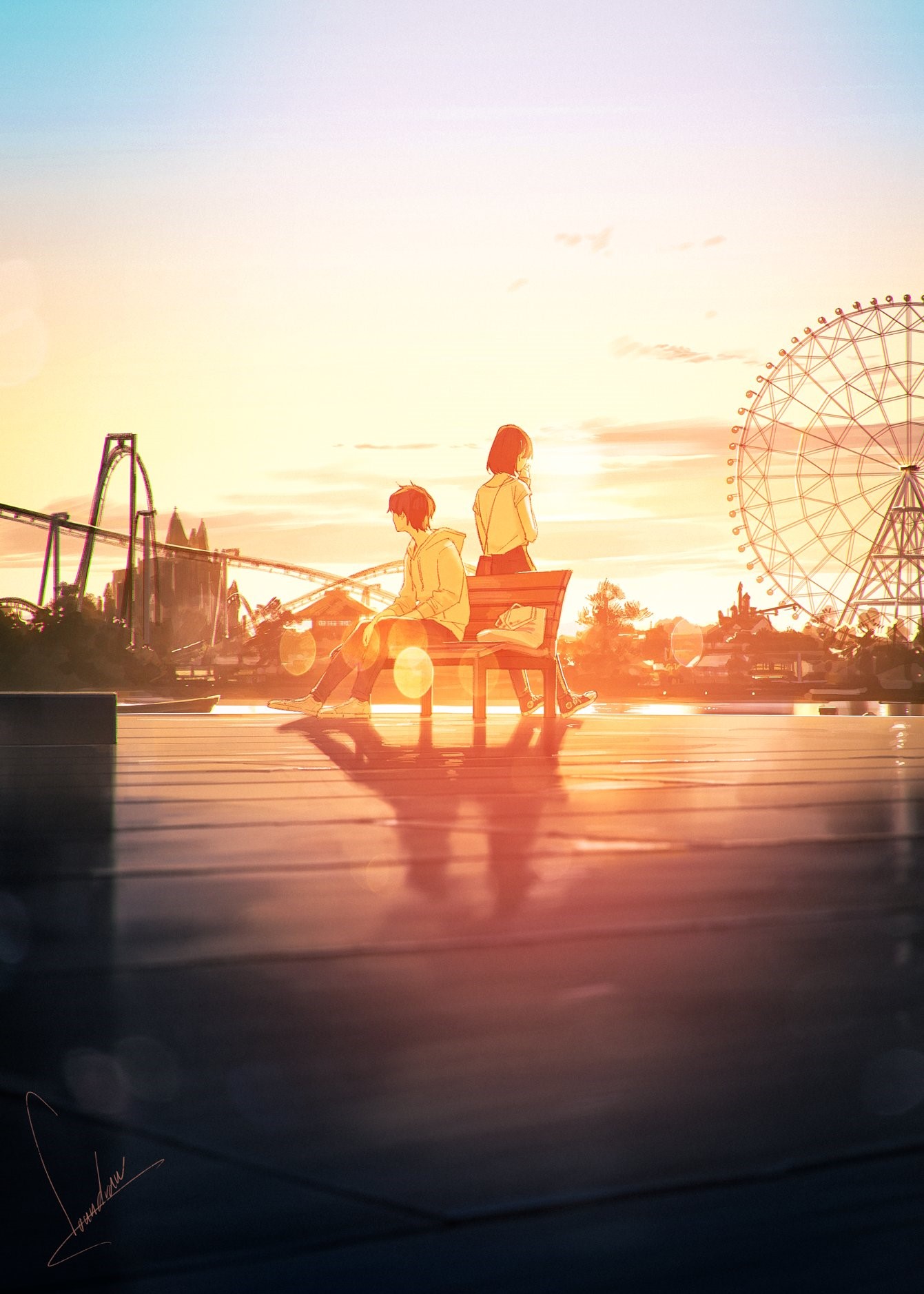 Anime couple at amusement park during sunset HD Phone Wallpaper