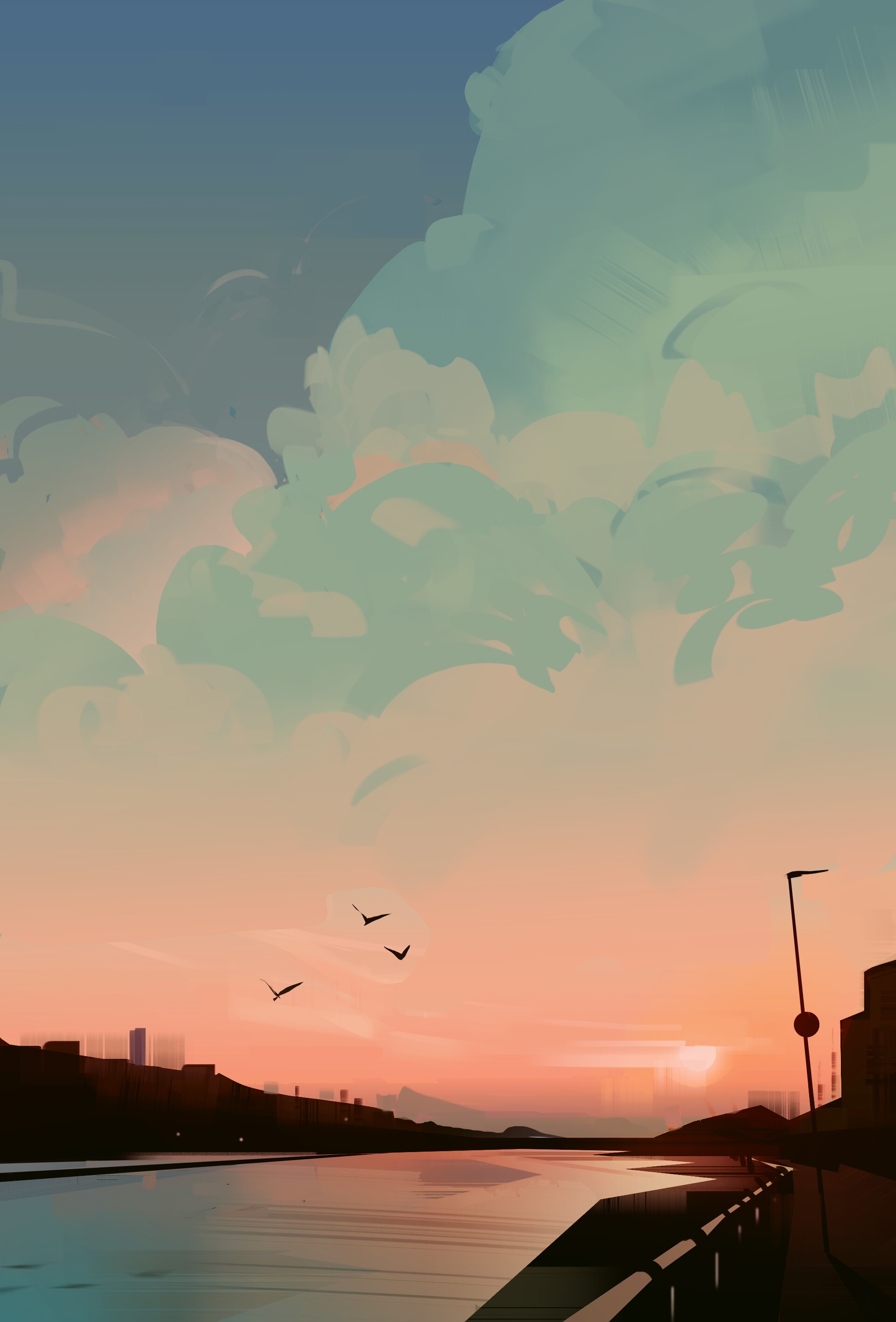 Digital painting of a sunset over a river with birds flying HD Phone Wallpaper