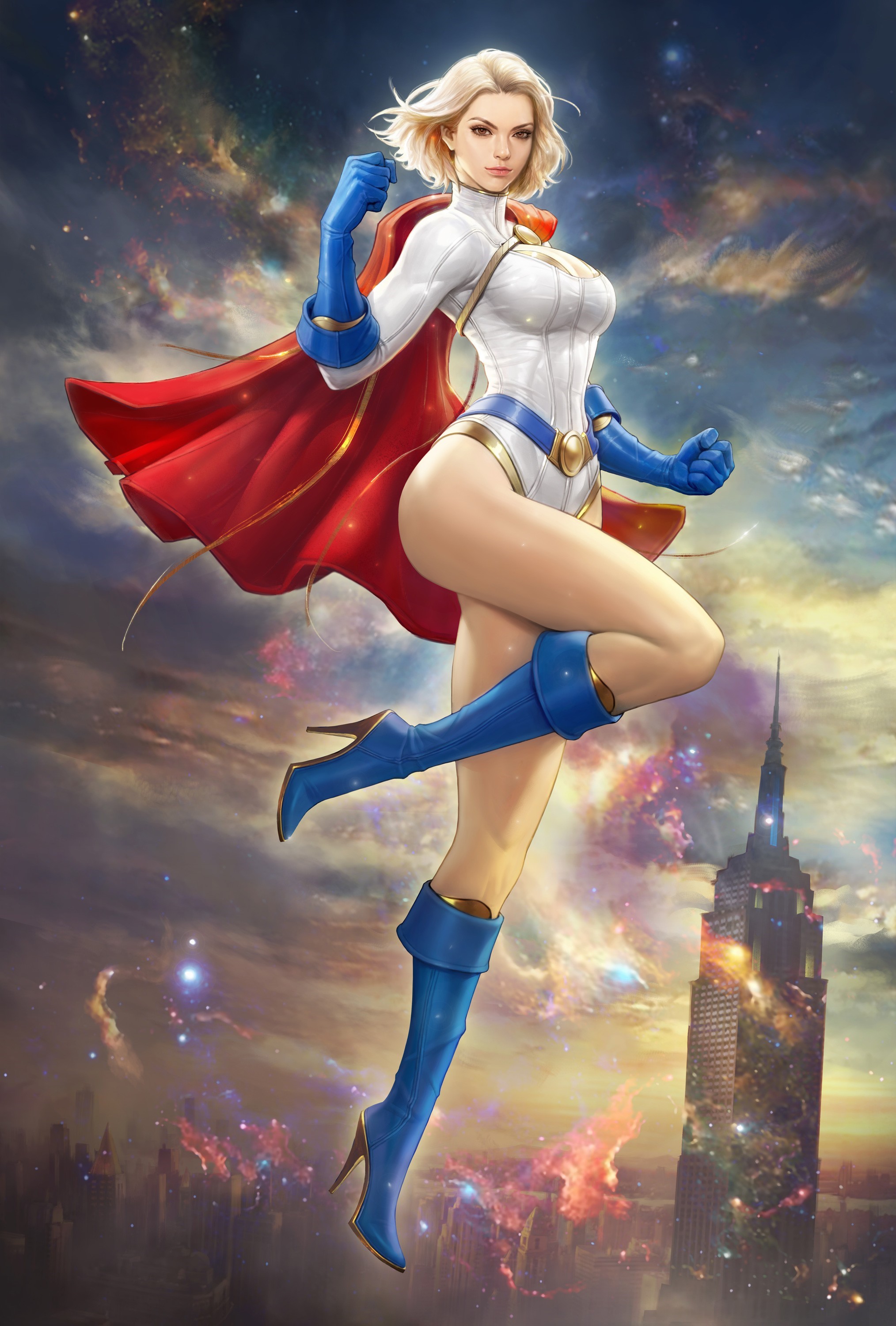 Power Girl in White Bodysuit with Red Cape HD Phone Wallpaper