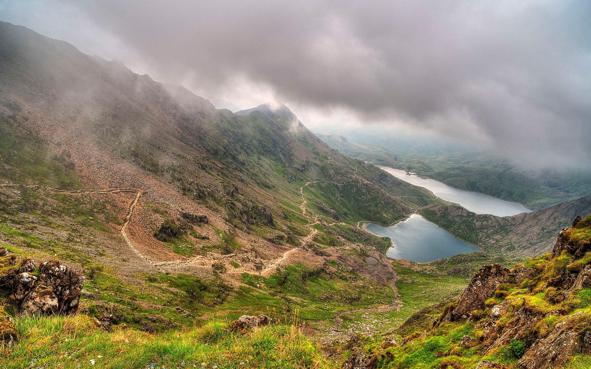 Mountain path overlooking lakes under cloudy sky HD Wallpaper