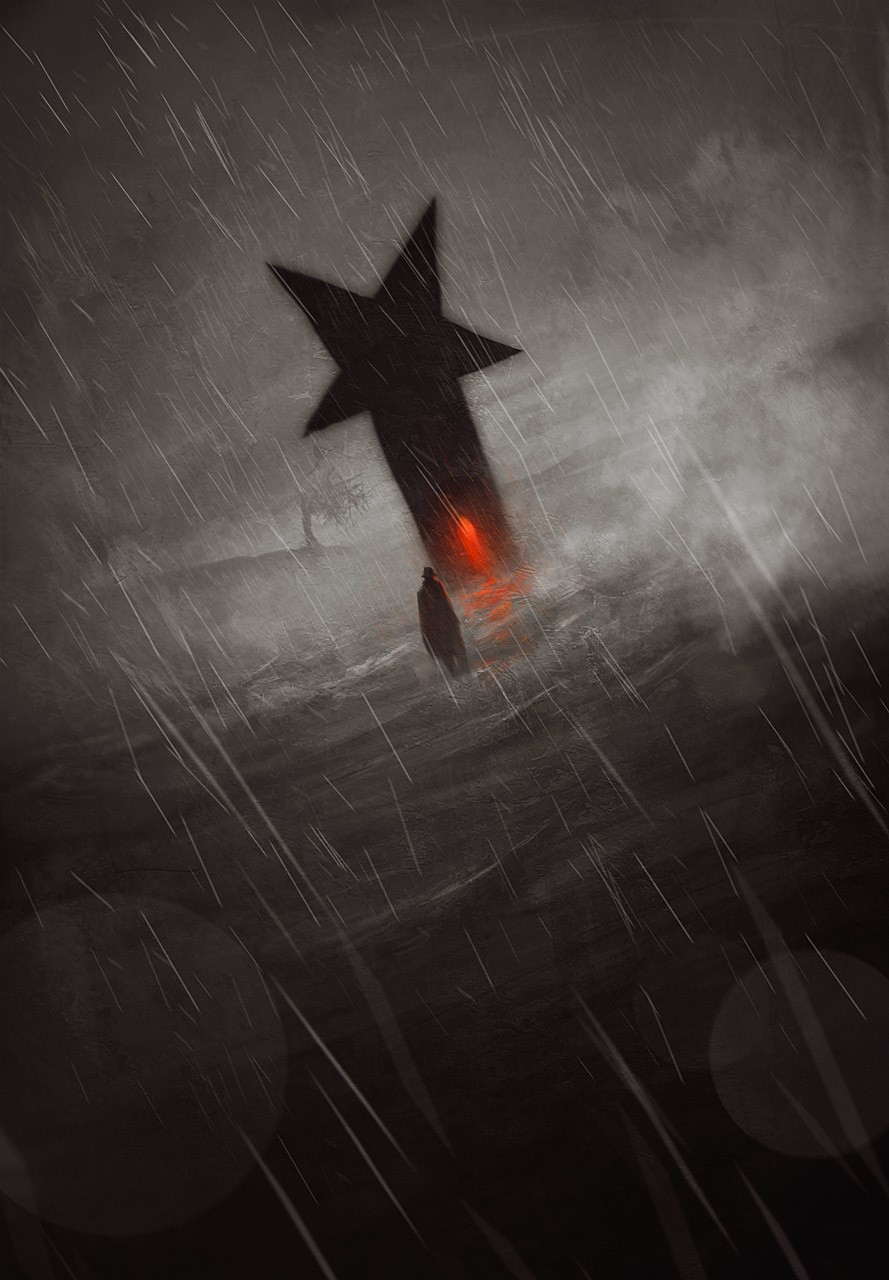 Dark fantasy art of a star-shaped object in rain HD Phone Wallpaper
