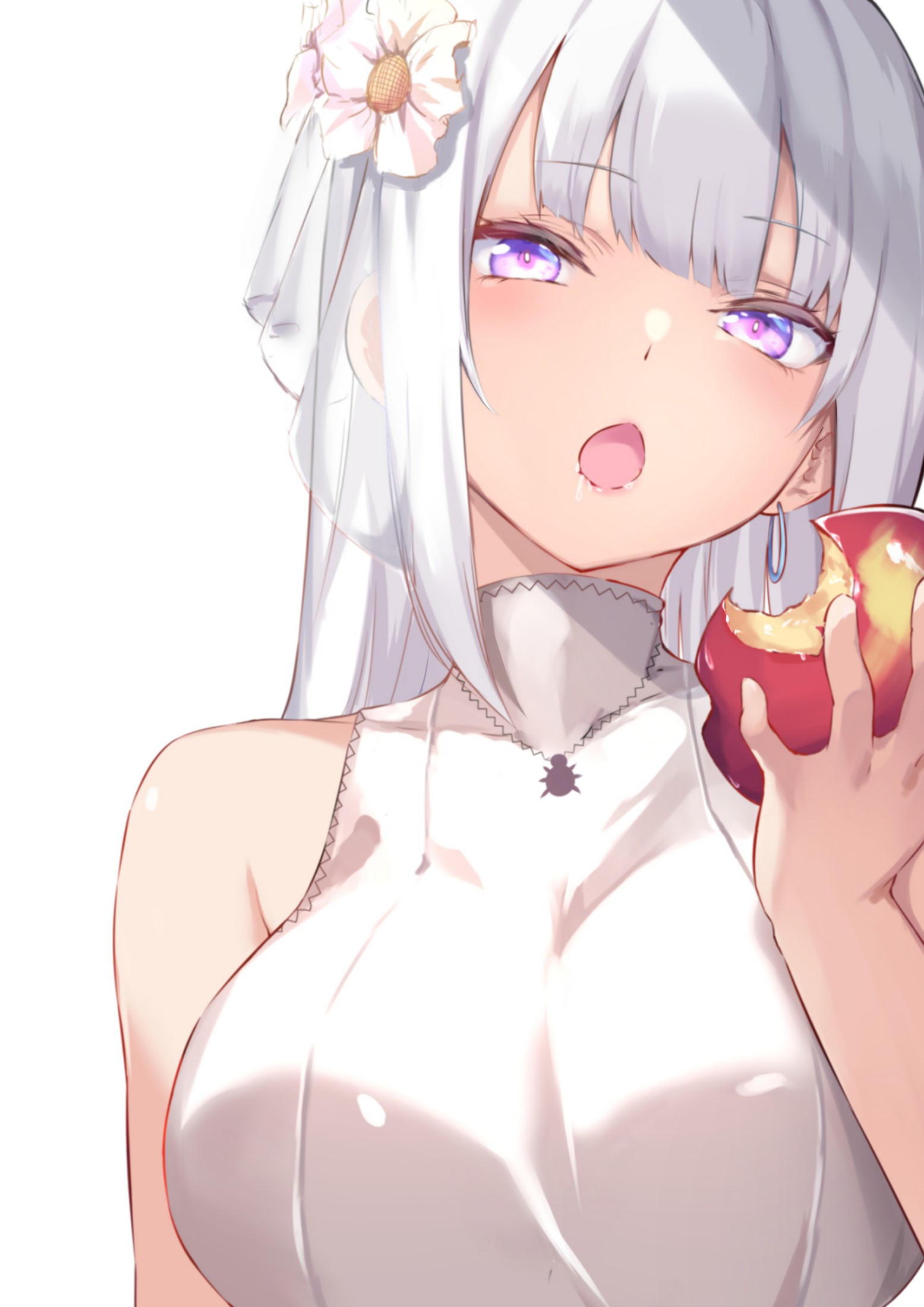 Anime girl with white hair and pink eyes eating an apple HD Phone Wallpaper