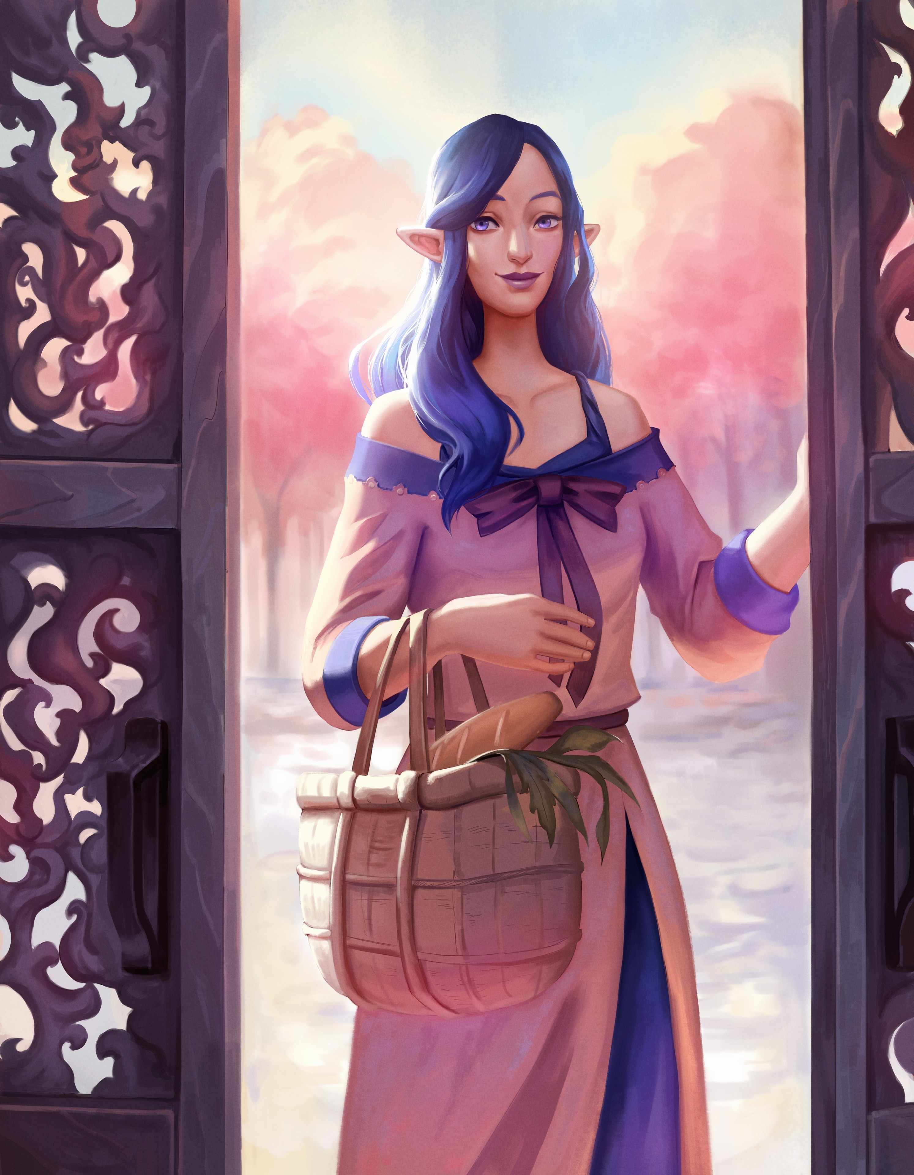 Elf woman with blue hair holding a basket of bread HD Phone Wallpaper