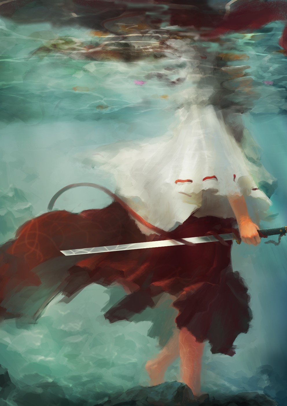 Kikyo from Inuyasha underwater with a katana HD Phone Wallpaper