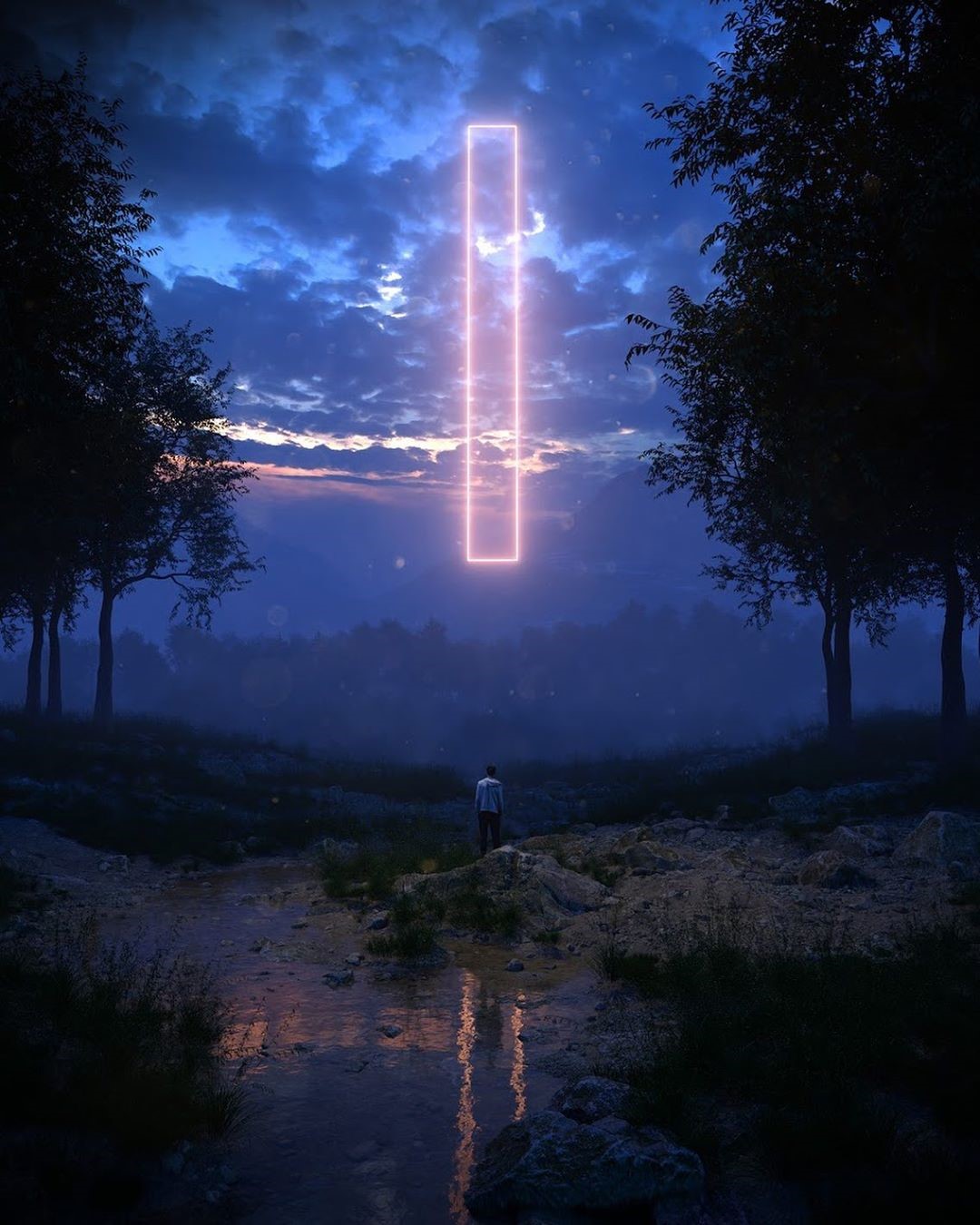 Man standing before a glowing portal in a dark forest HD Phone Wallpaper