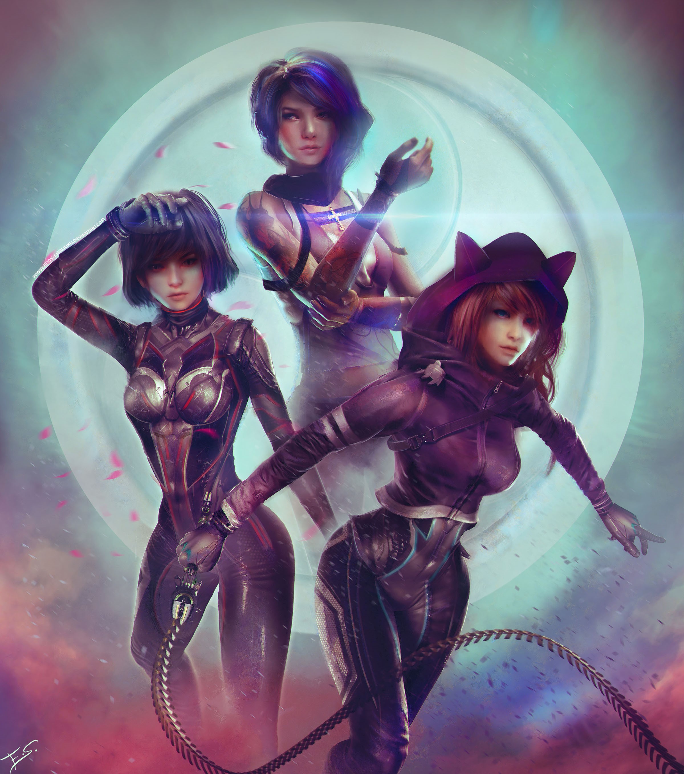 Three women in futuristic armor with whips HD Phone Wallpaper