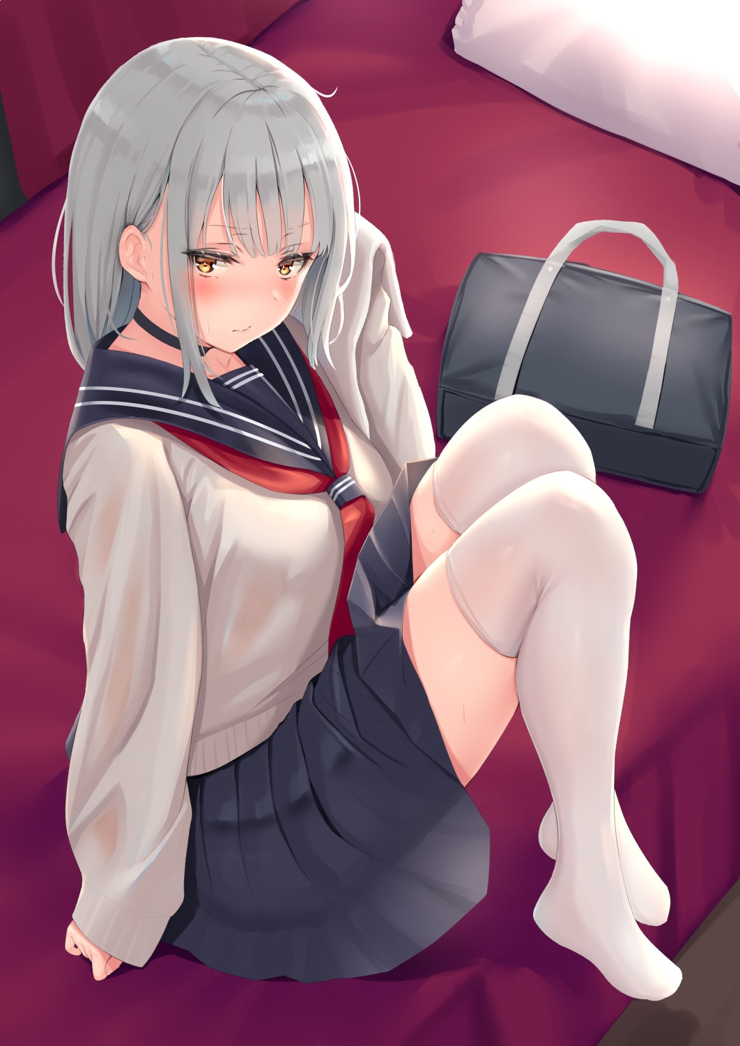 Anime girl with silver hair in sailor uniform HD Phone Wallpaper