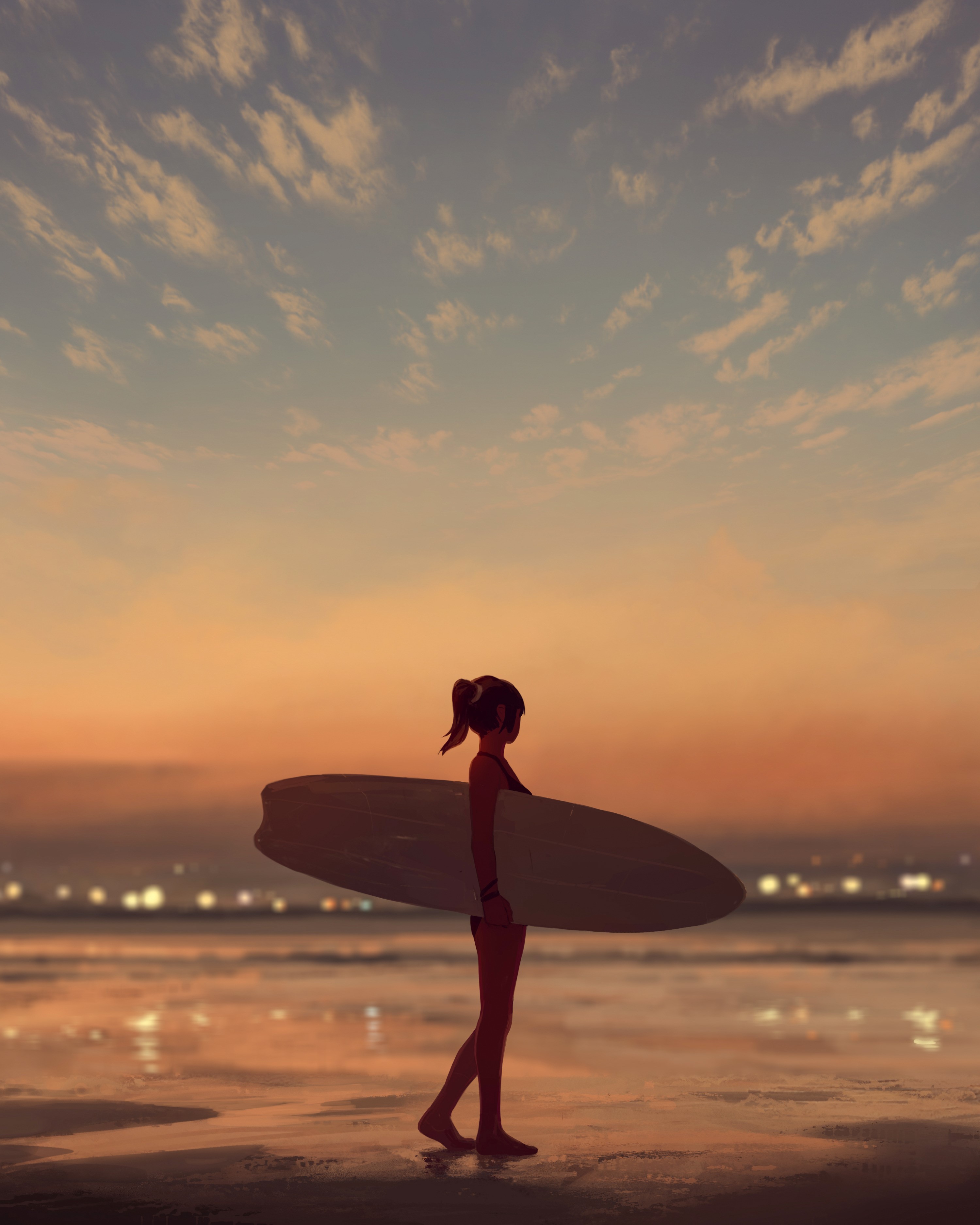 Woman with surfboard on beach at sunset HD Phone Wallpaper