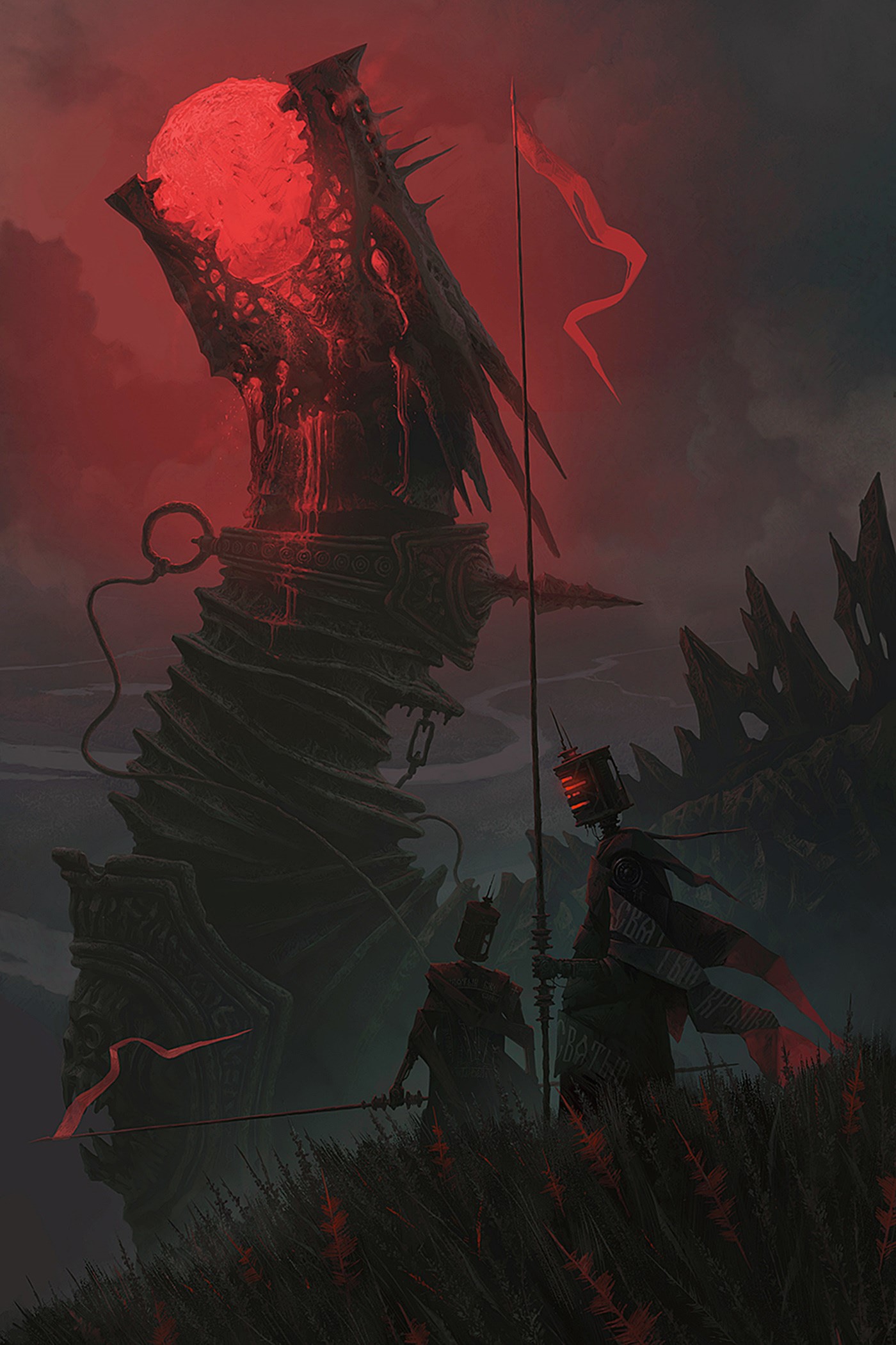 Dark fantasy art with knights and a glowing red structure HD Phone Wallpaper