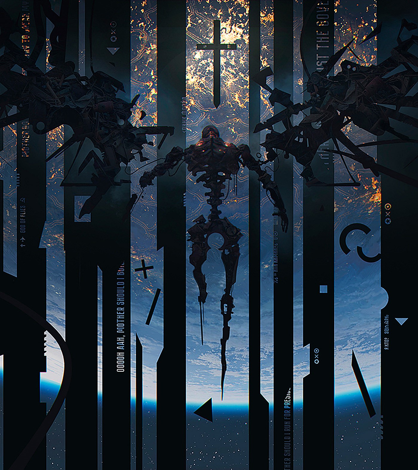 Cybernetic skeleton figure in space with Earth below HD Phone Wallpaper