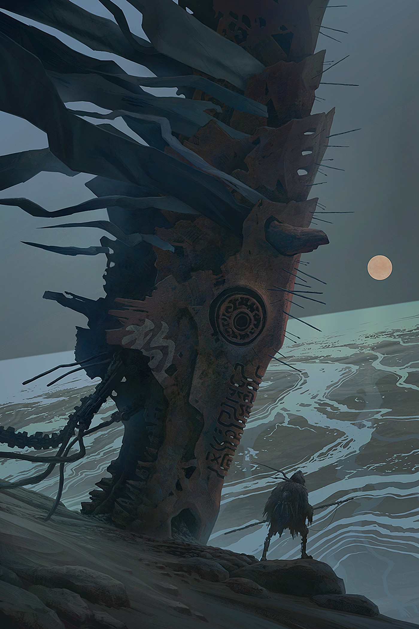 Figure stands before a colossal alien structure under a pale moon HD Phone Wallpaper