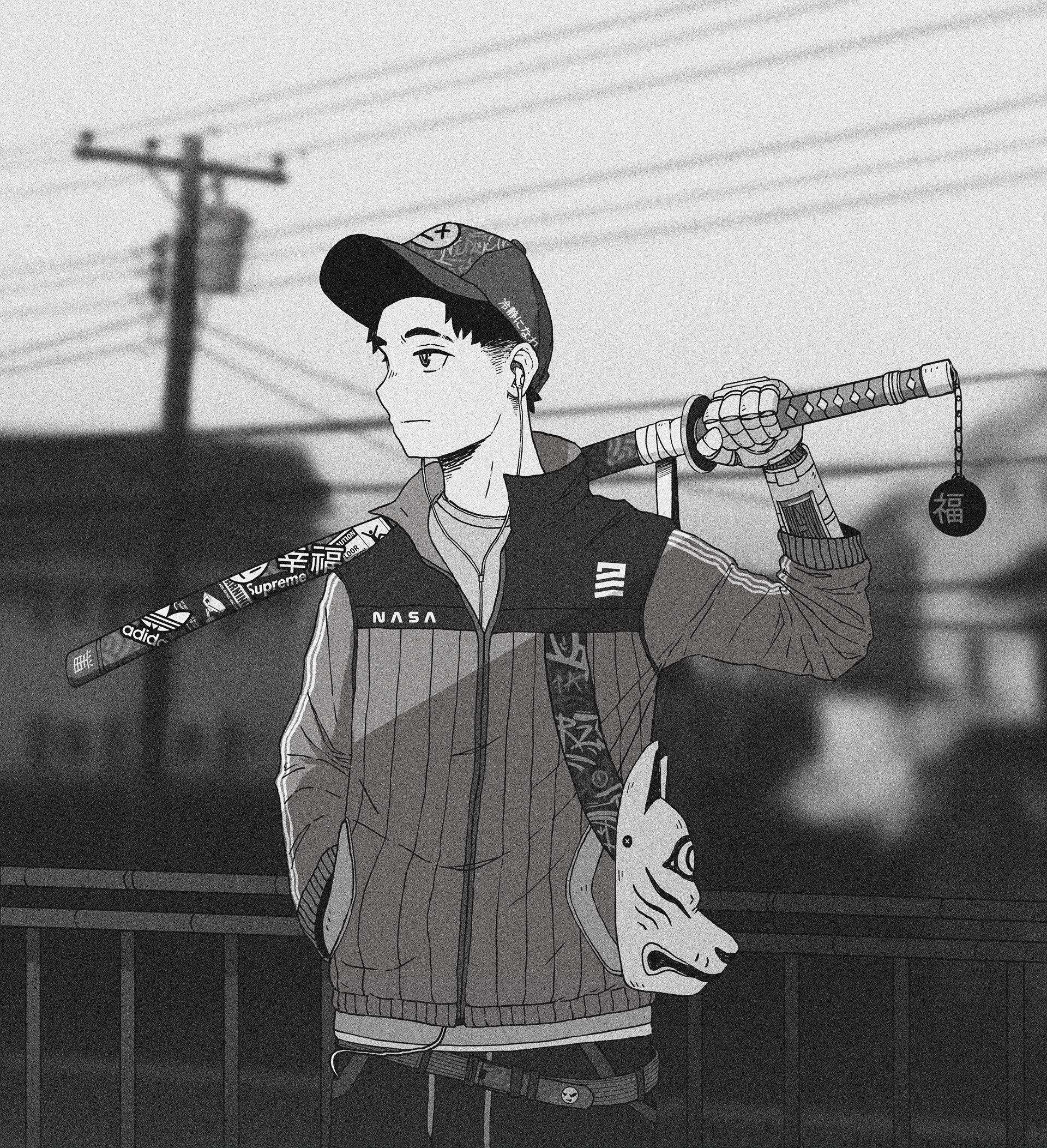 Anime boy with katana and fox mask HD Phone Wallpaper