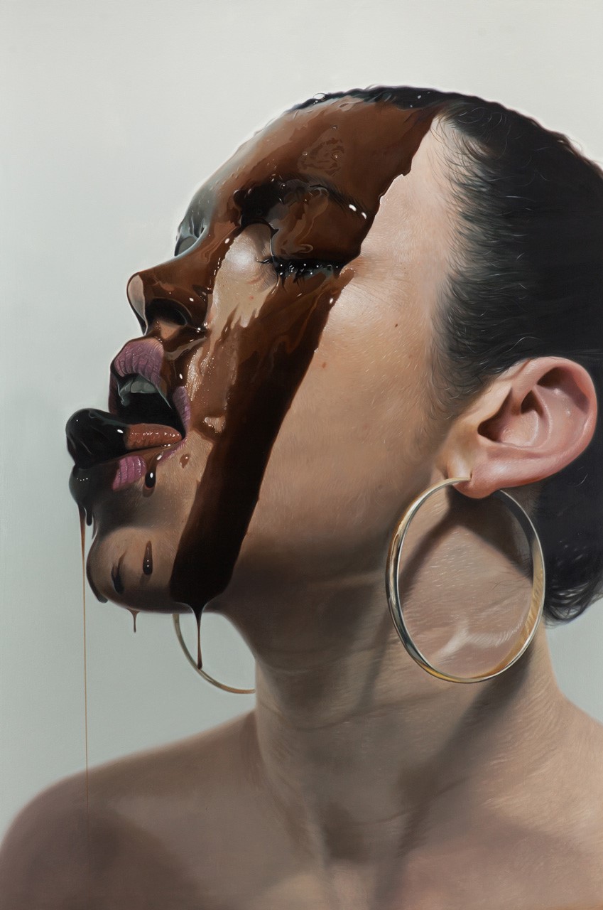 Realistic painting of a woman with chocolate on her face by Mike Dargas HD Phone Wallpaper