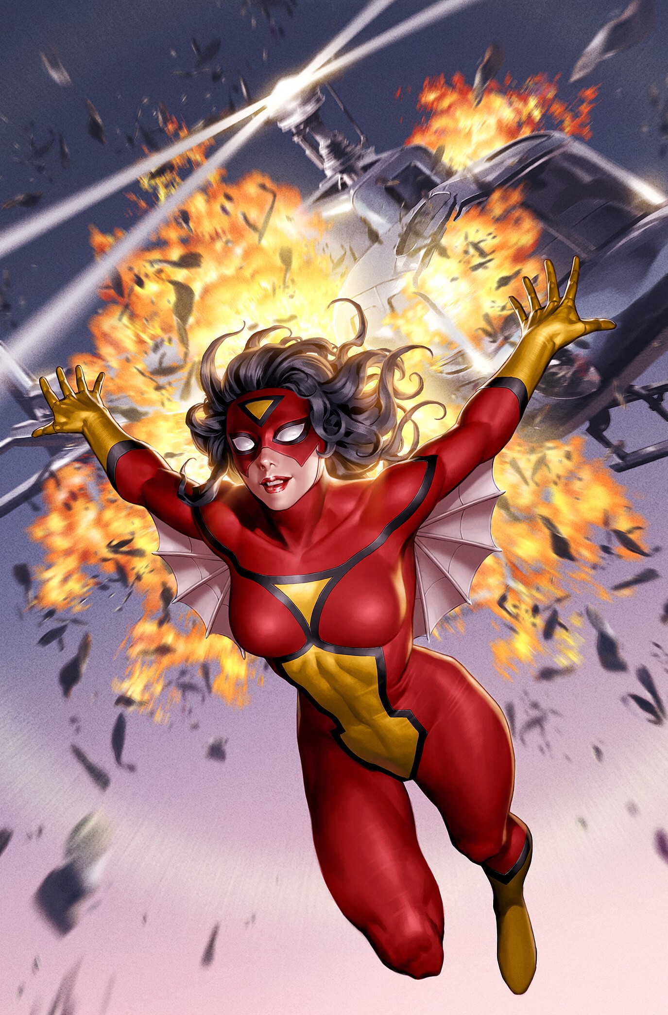 Spider-Woman in front of an explosion and helicopter HD Phone Wallpaper