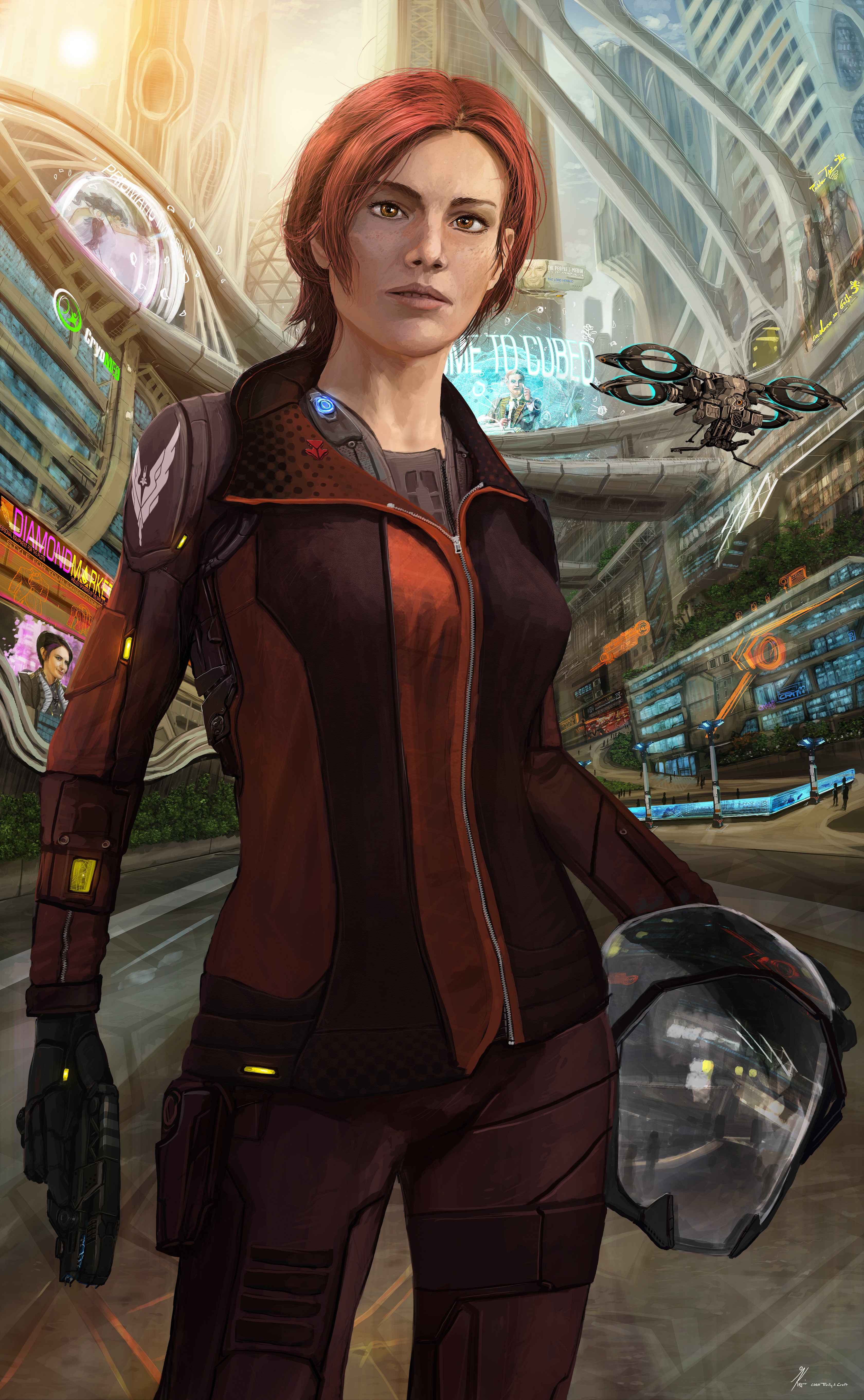 Commander Pilot with Weapon in Futuristic City HD Phone Wallpaper