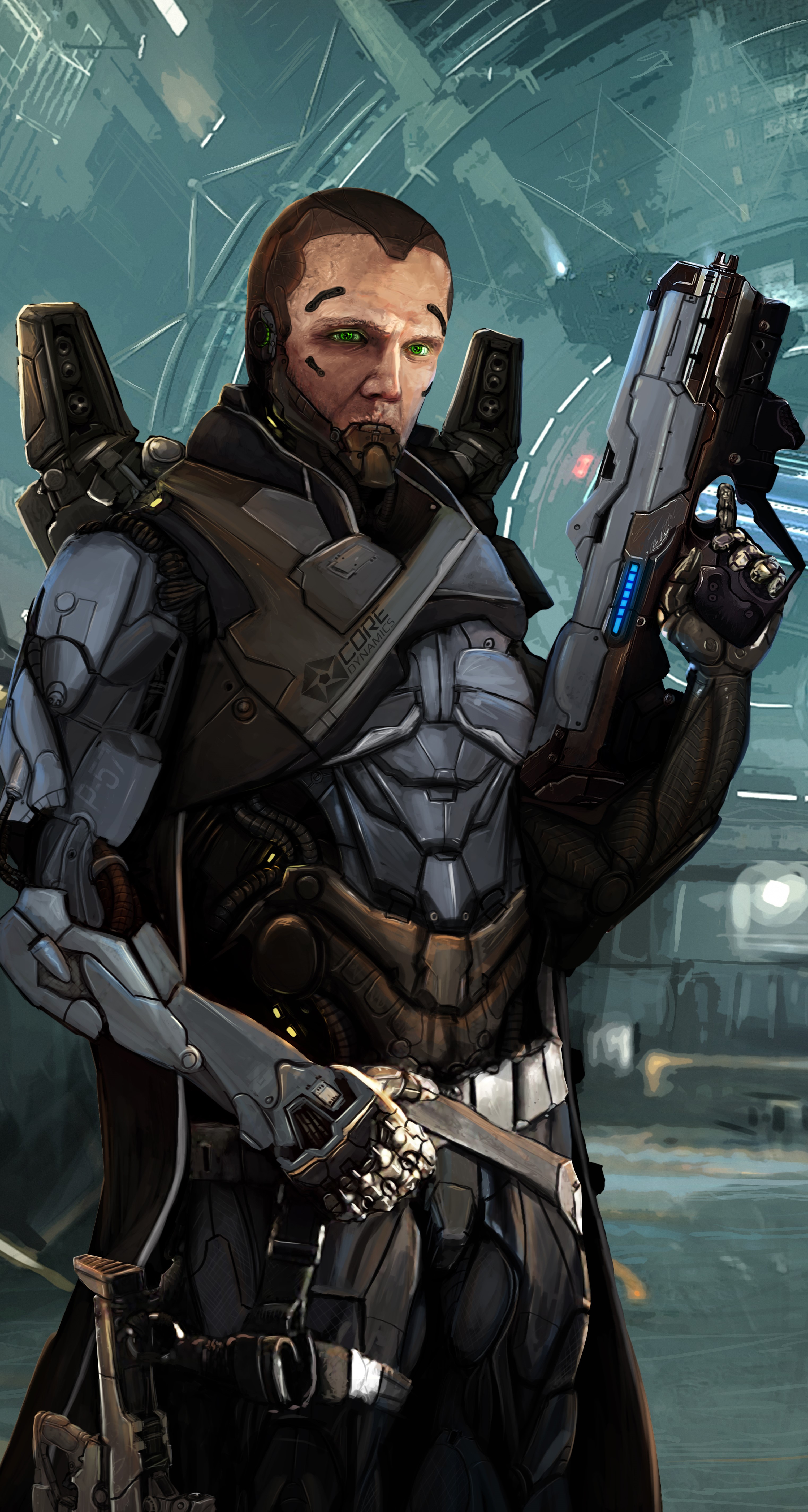 Cyborg Commander with weapon from Elite: Dangerous HD Phone Wallpaper