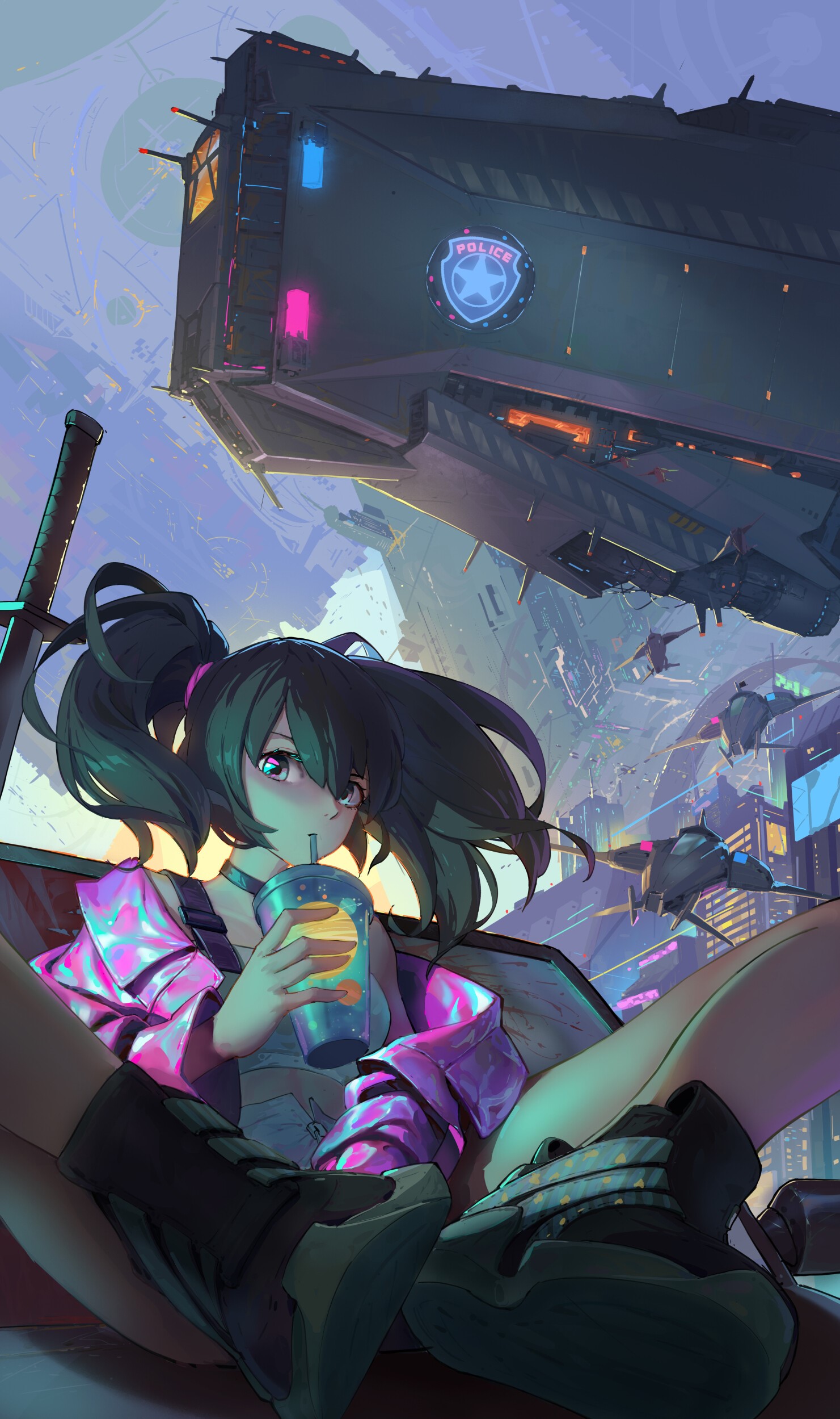 Anime girl with dark hair drinking from a cup in a futuristic city HD Phone Wallpaper
